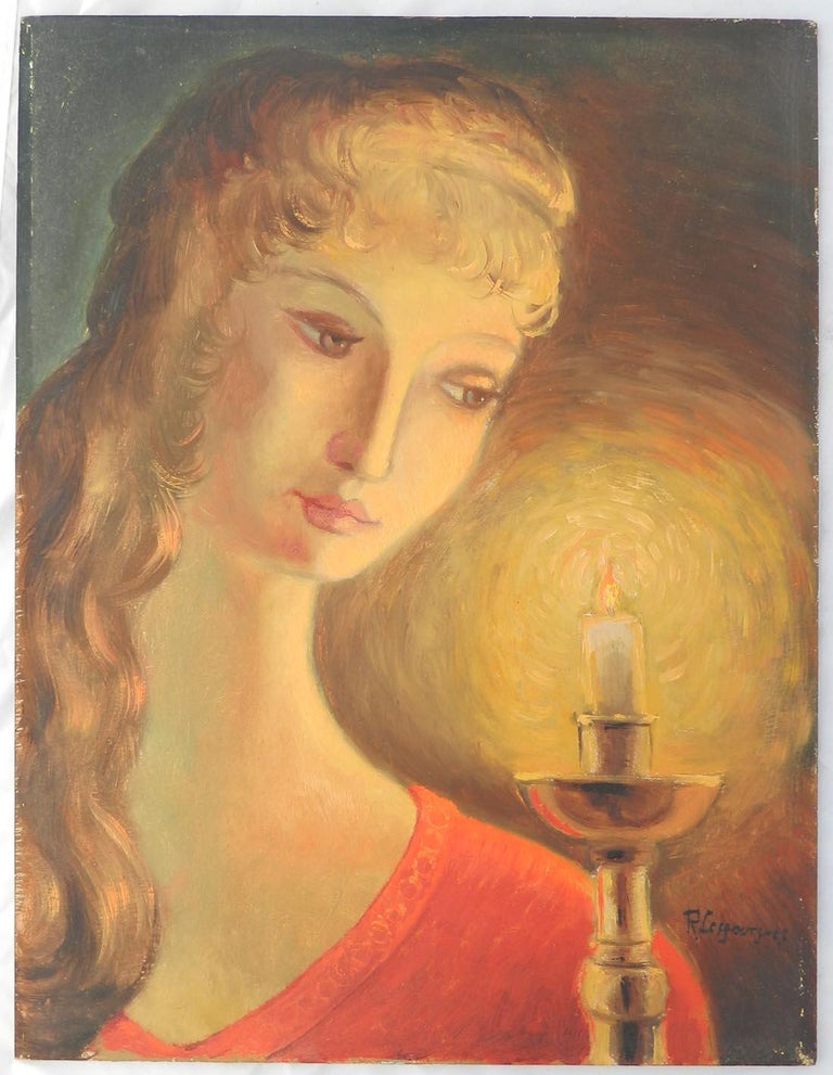 Charming Naive Portrait of a Woman by Candlelight c1950
Oil on Board signed by French naive artist Robert Lesgourges
From the Gascony and Basque region of France that has a traditional group of popular Naive artists spanning the 20th century



