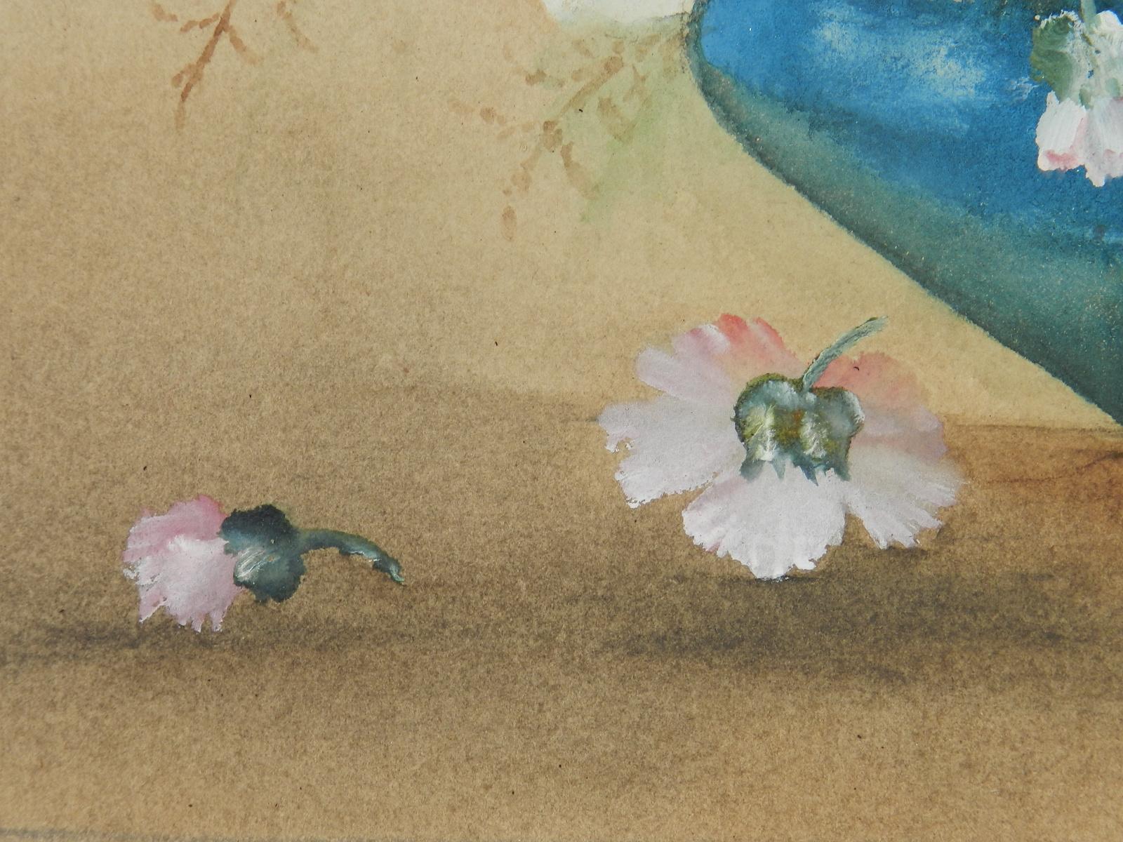 Fleurs dans un bol Aquarelle anglaise signée avec les initiales de l'artiste 1905 - Marron Still-Life par Unknown