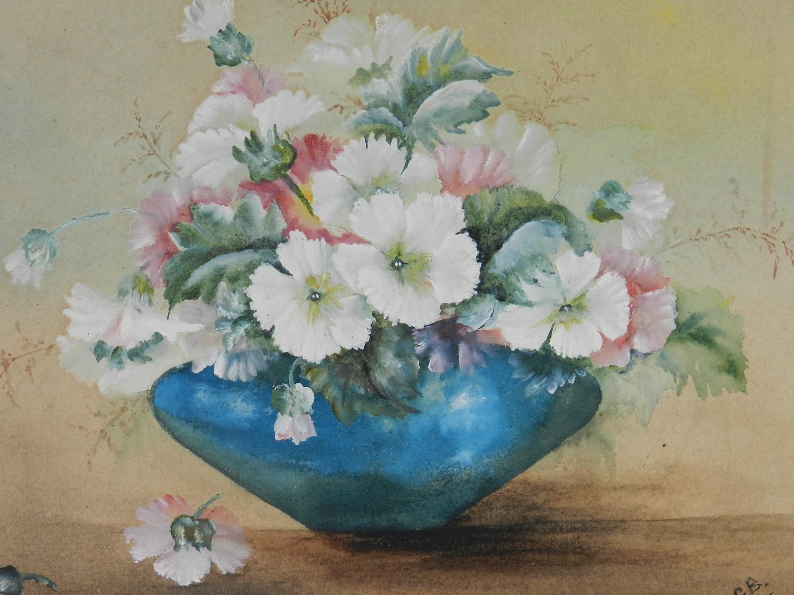 Fleurs dans un bol Aquarelle anglaise signée avec les initiales de l'artiste 1905 en vente 1