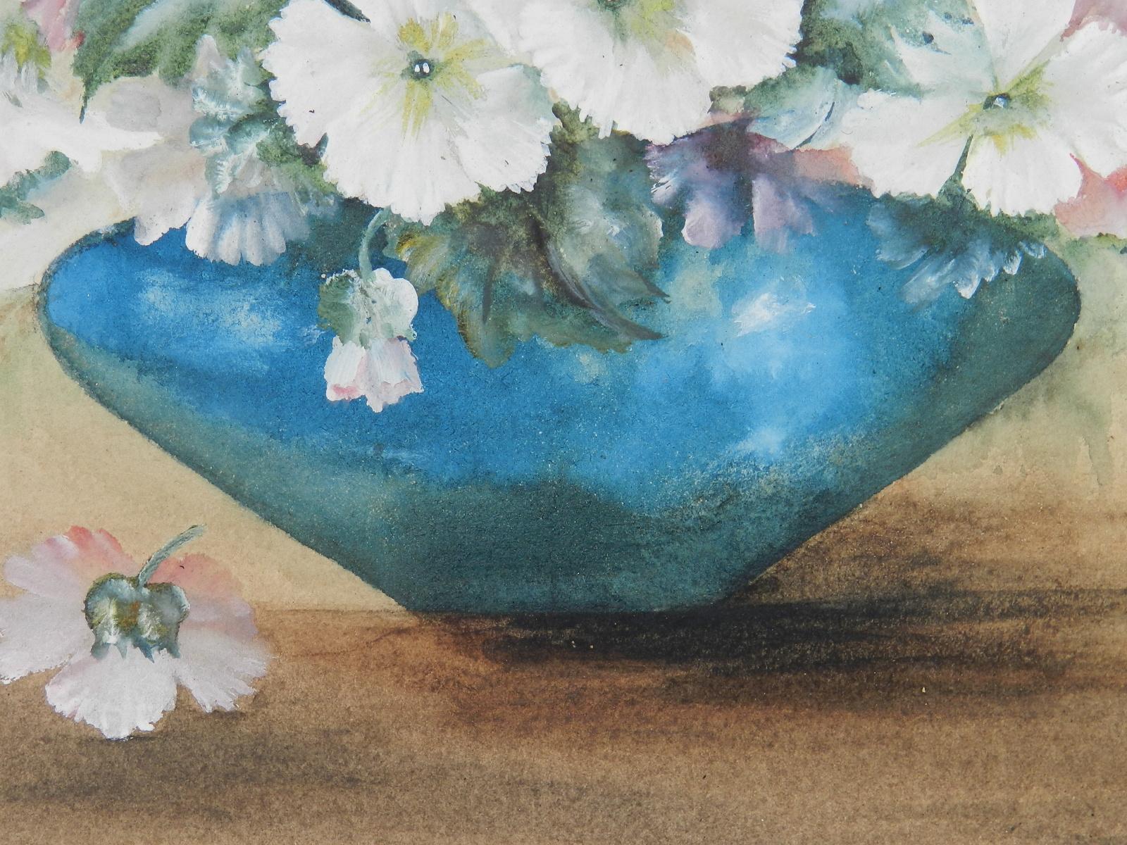 Flowers in a Bowl Watercolor English signed with artists initials 1905 - Brown Still-Life by Unknown