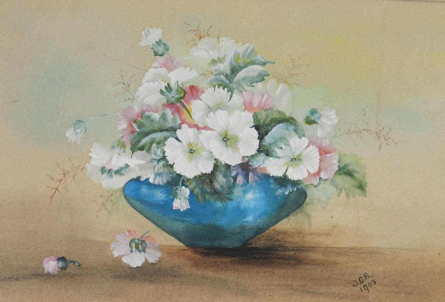Unknown Still-Life – Blumen in einer Schale Aquarell Englisch signiert mit den Initialen des Künstlers 1905