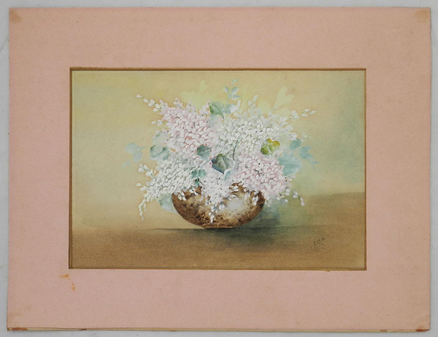 Flowers in a Bowl Watercolor English signed with artists initials 1905 - Brown Still-Life Painting by Unknown
