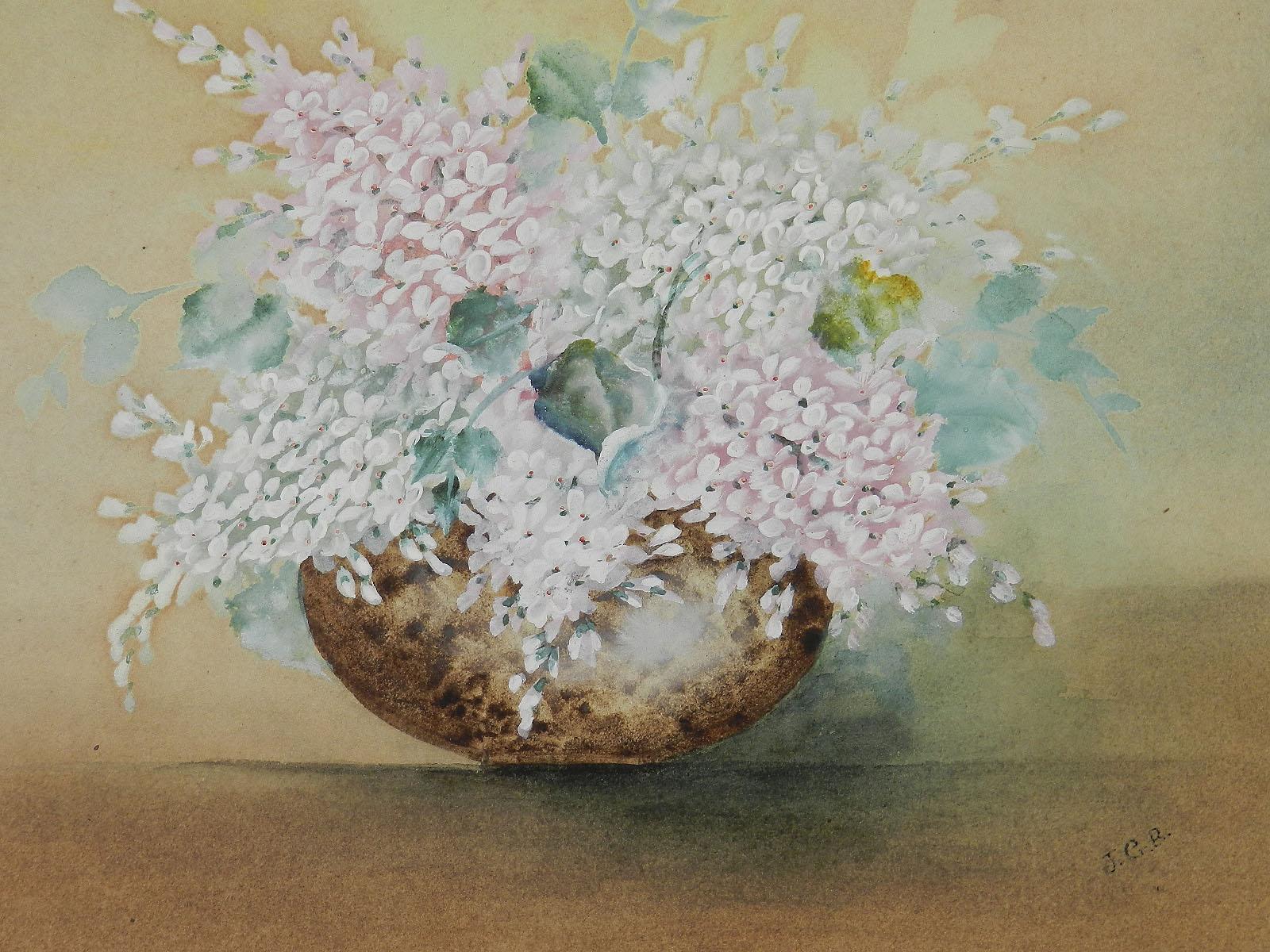 Blumen in einer Schale Aquarell Englisch signiert mit den Initialen des Künstlers 1905 (Braun), Still-Life Painting, von Unknown