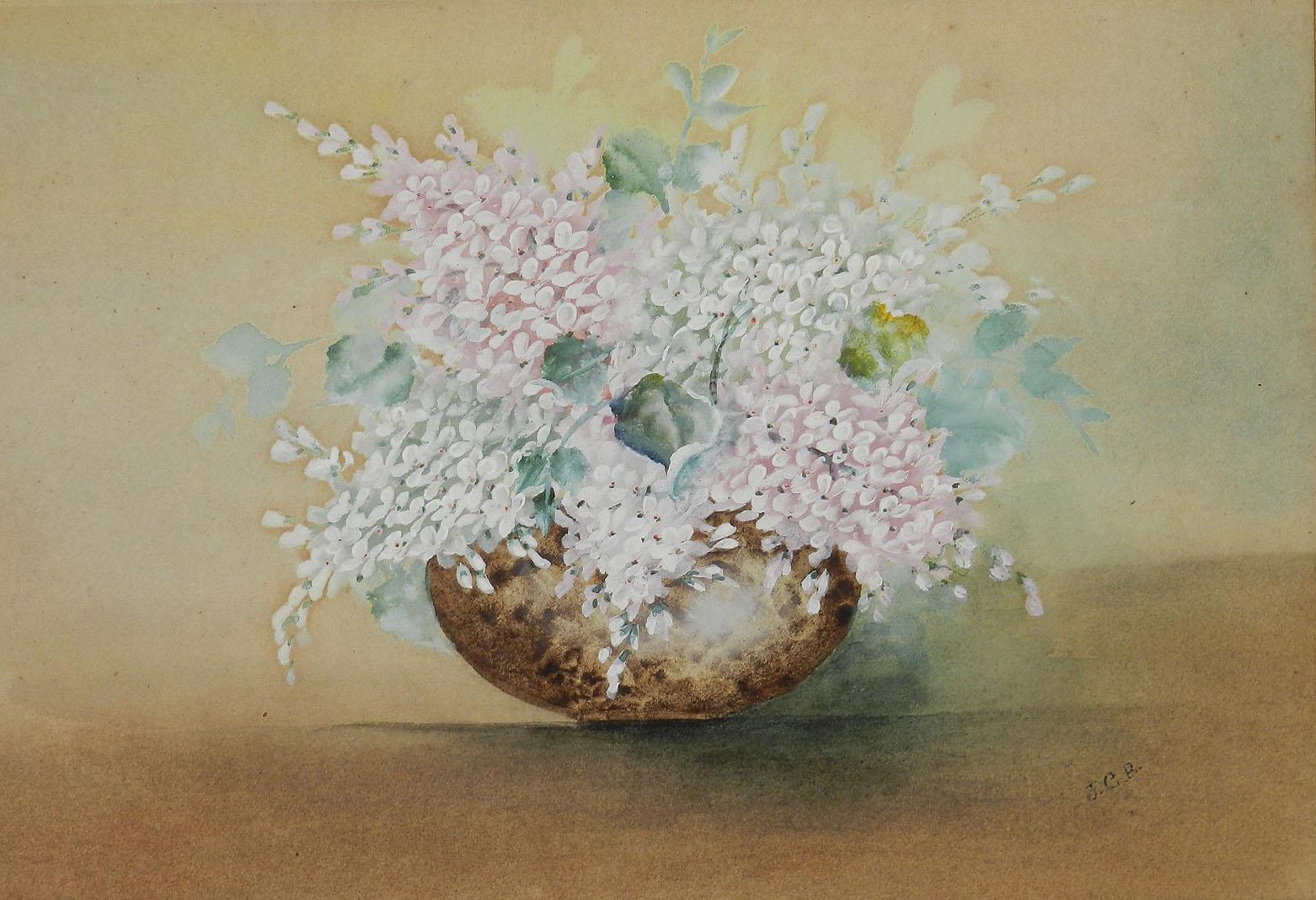 Unknown Still-Life Painting - Flowers in a Bowl Watercolor English signed with artists initials 1905