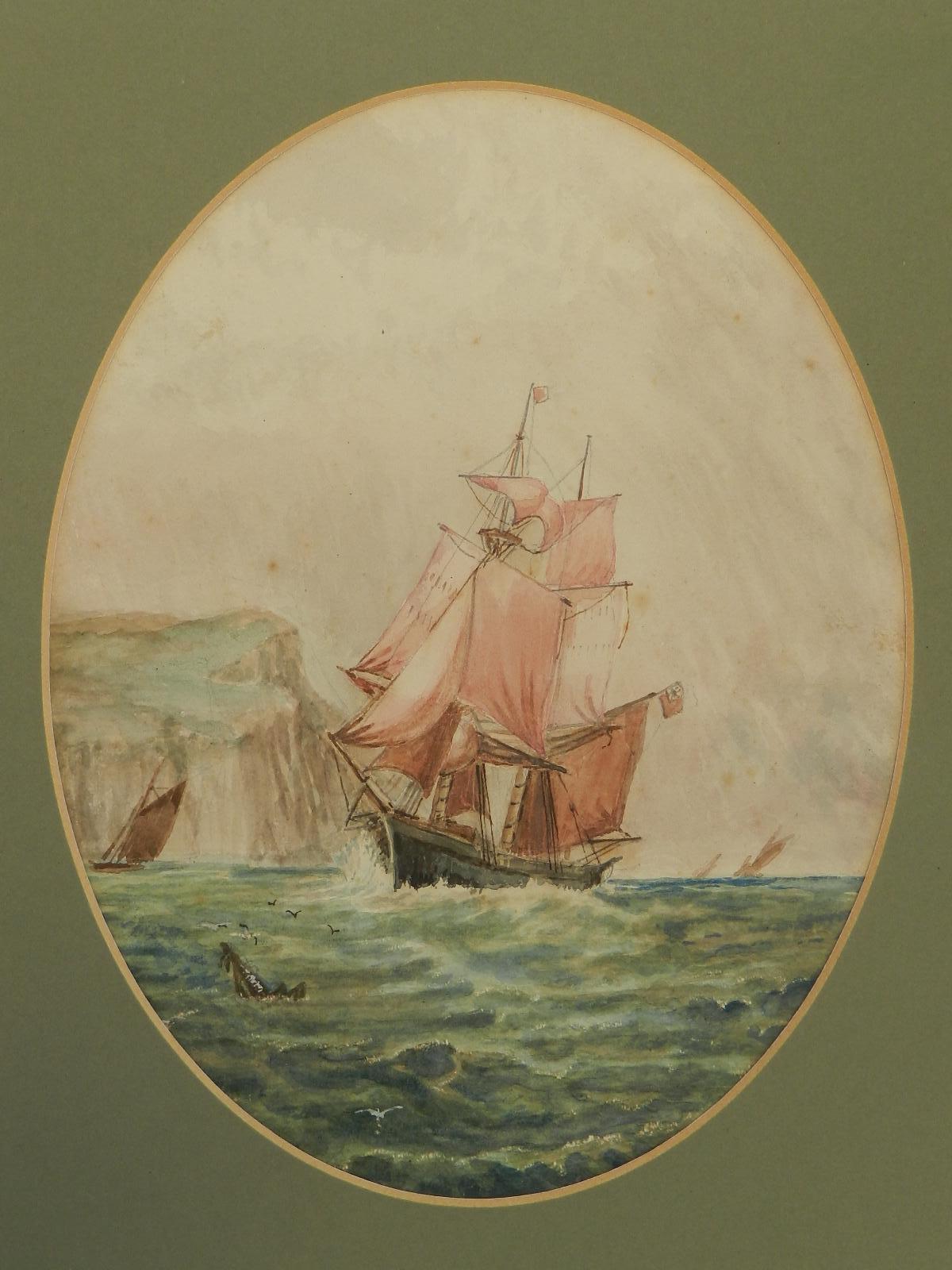 Watercolor Sketch Sailing Ship at Sea English Marine by John Moore late 19th Cen 4
