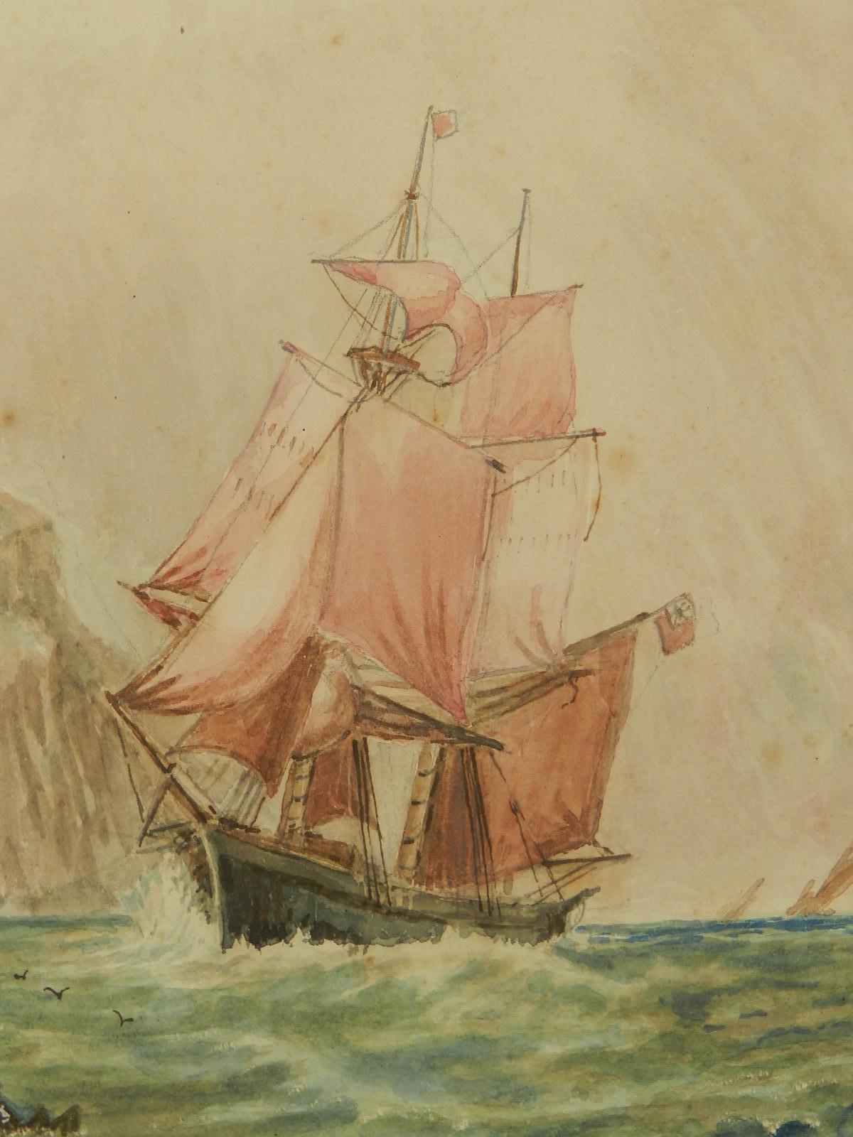 Watercolor Sketch Sailing Ship at Sea English Marine by John Moore late 19th Cen - Art by Unknown