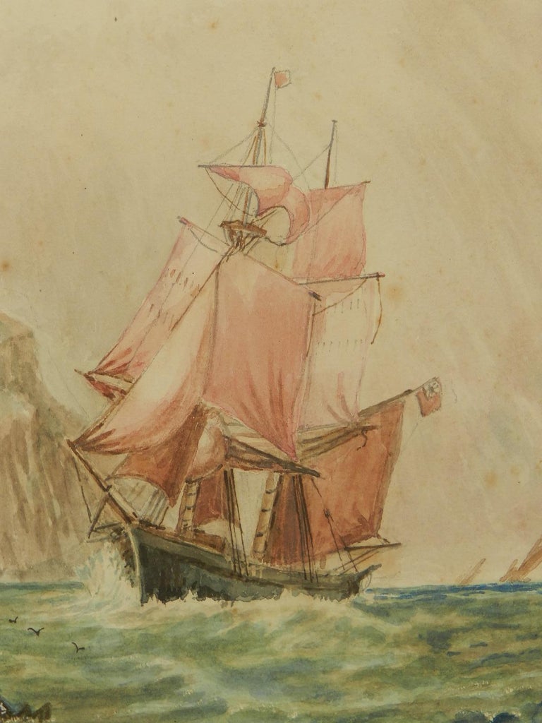 Watercolor of Sailing Ship at Sea English Marine late 19th Century - Art by Unknown