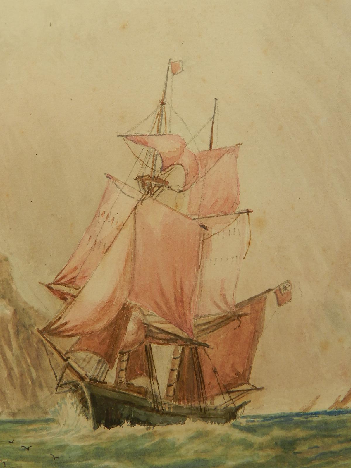 Watercolor Sketch Sailing Ship at Sea English Marine by John Moore late 19th Cen 1