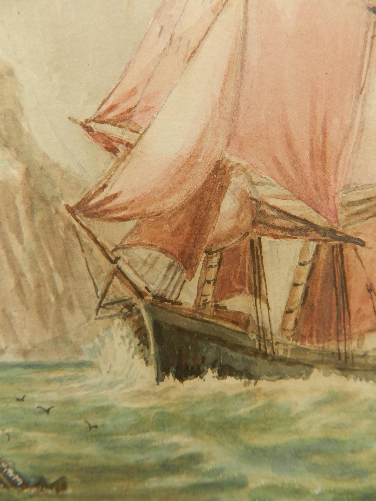 Watercolor Sketch Sailing Ship at Sea English Marine by John Moore late 19th Cen 2