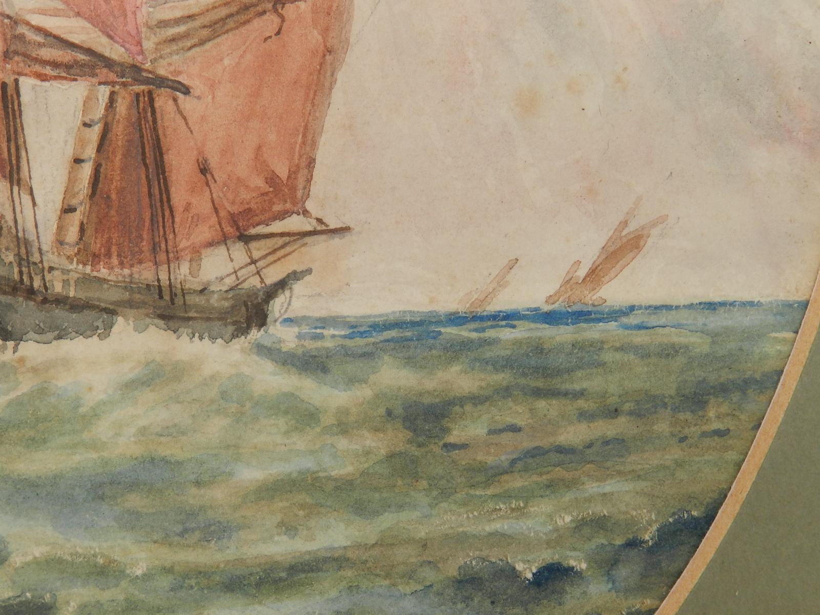 Watercolor Sketch Sailing Ship at Sea English Marine by John Moore late 19th Cen - Brown Landscape Art by Unknown