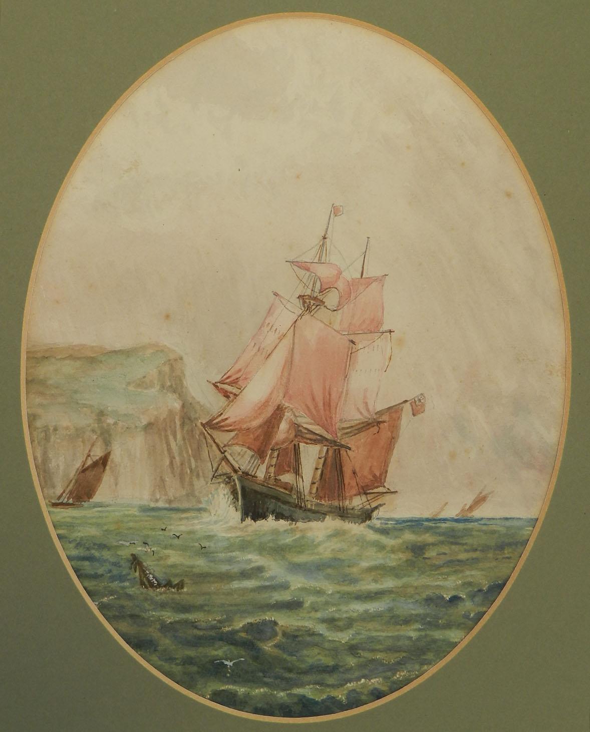 Unknown Landscape Art - Watercolor Sketch Sailing Ship at Sea English Marine by John Moore late 19th Cen