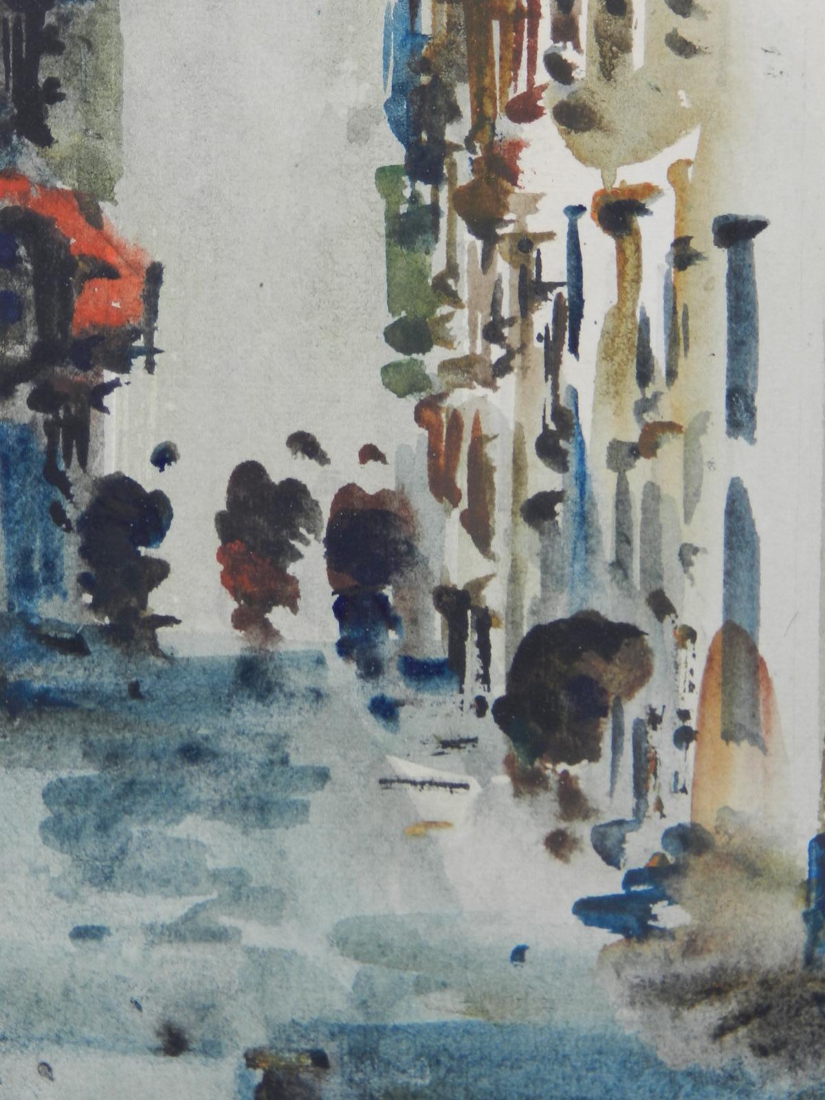 Spanish Watercolor Street Scene signed Diaz Mid century  - Gray Landscape Painting by Unknown