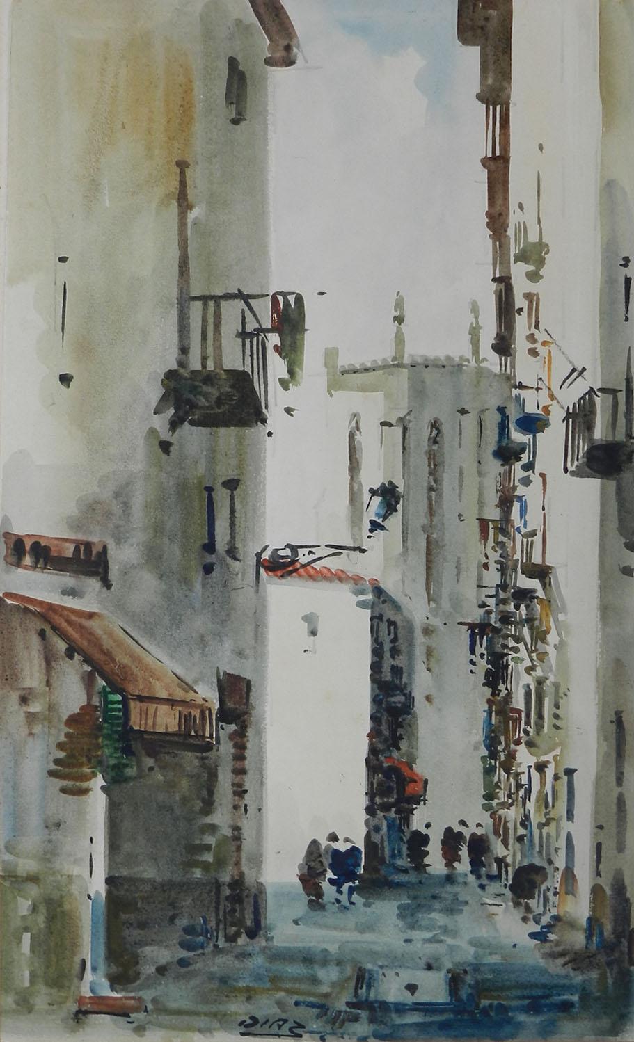 Unknown Landscape Painting - Spanish Watercolor Street Scene signed Diaz Mid century 