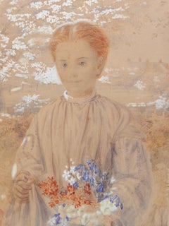Girl In Garden With Flowers Original Watercolor English 19th Century