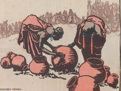 Women at Village by Margaret Trowell Woodcut Uganda