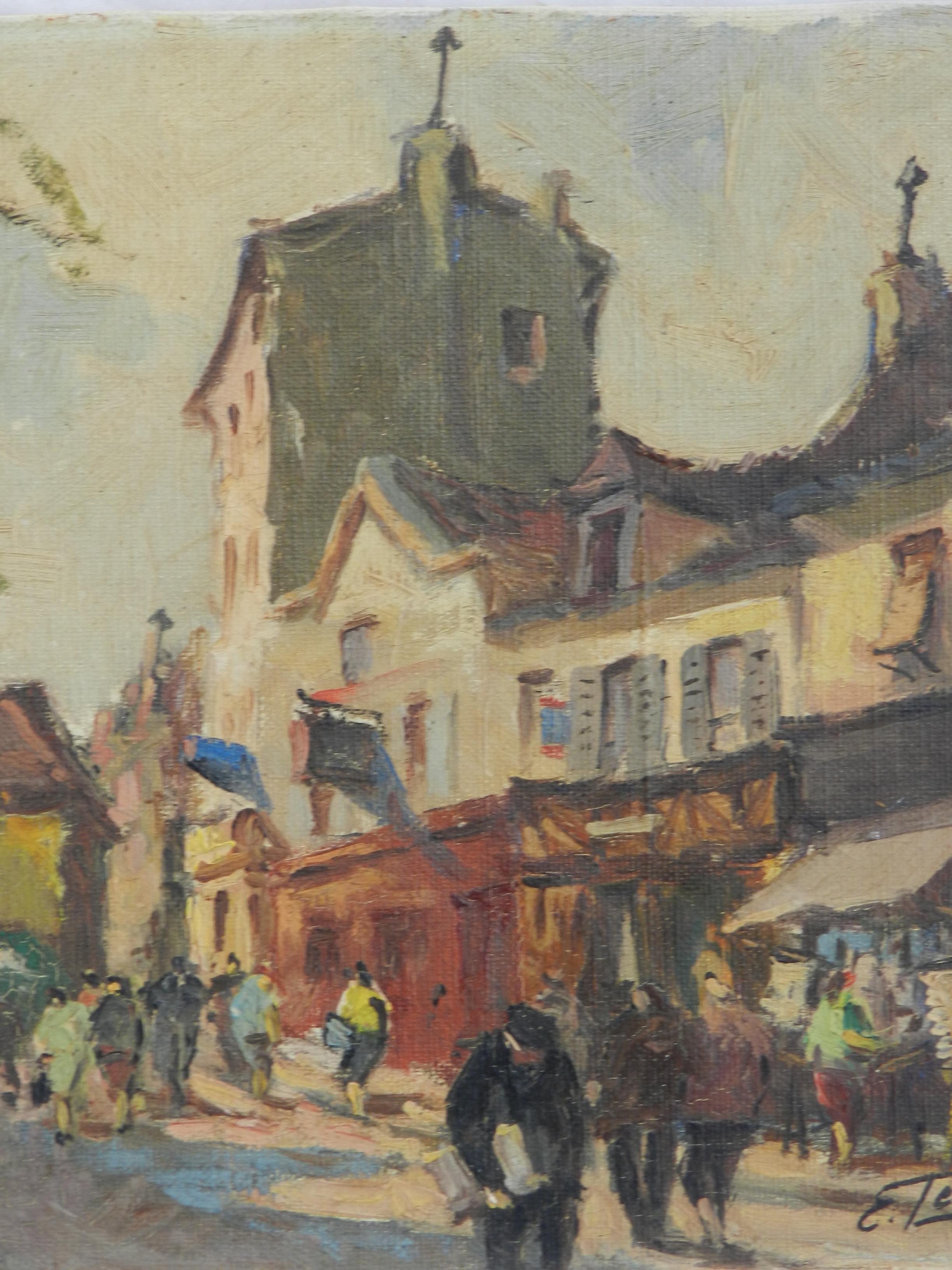 Französische Paris-Szene von Edourd Le Saout Öl auf Leinwand Mitte des Jahrhunderts (Französische Schule), Painting, von Edouard Le Saout