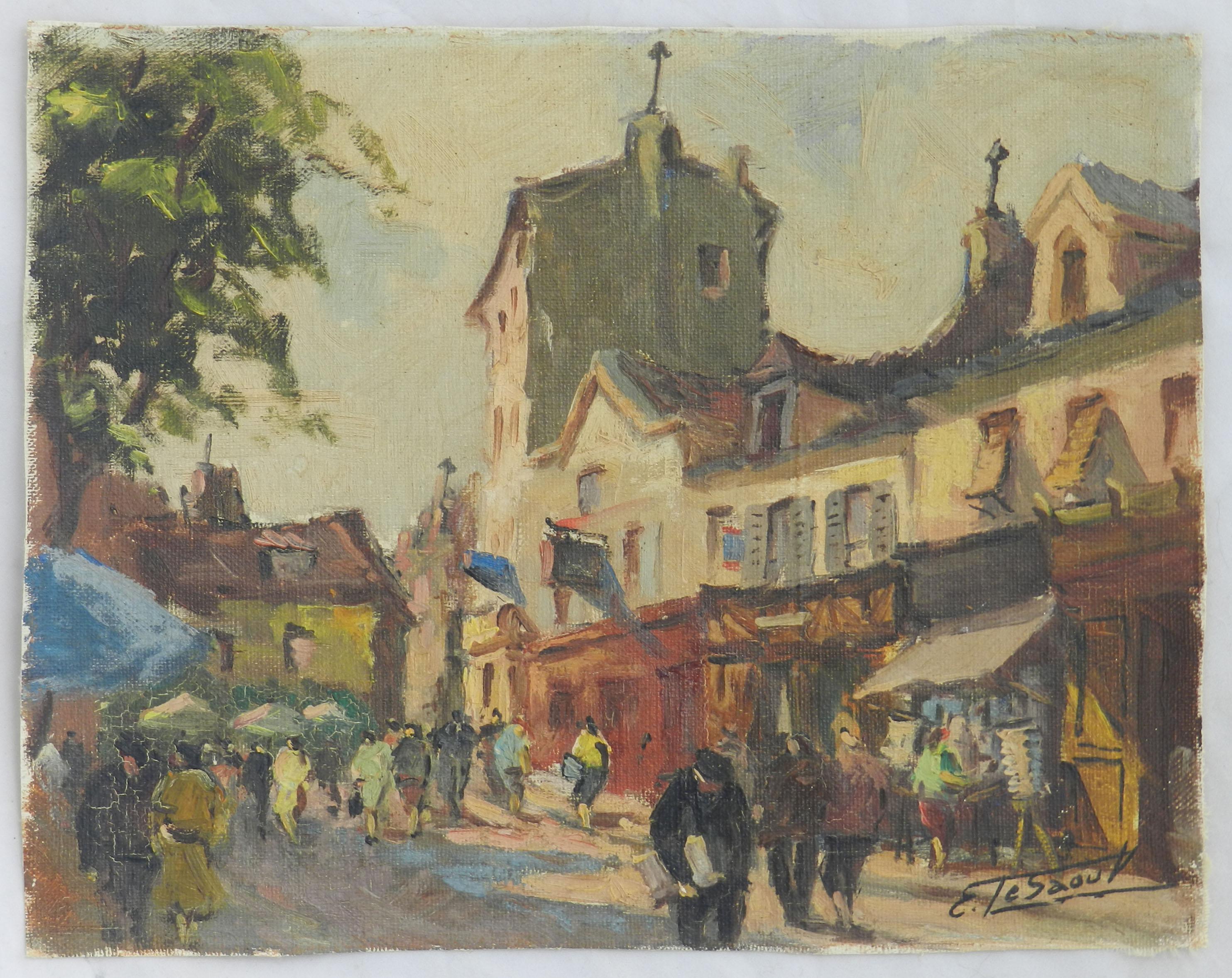 Französische Paris-Szene von Edourd Le Saout Öl auf Leinwand Mitte des Jahrhunderts (Braun), Landscape Painting, von Edouard Le Saout