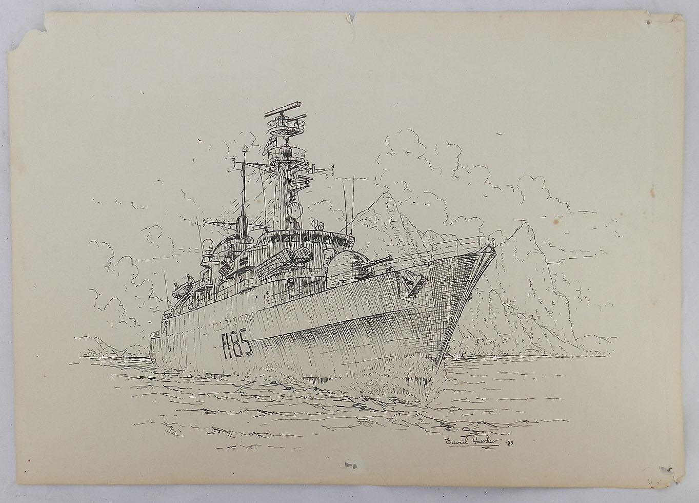 War Ship Painting Ink by David Hawker '80 - Gray Landscape Art by David Hacker