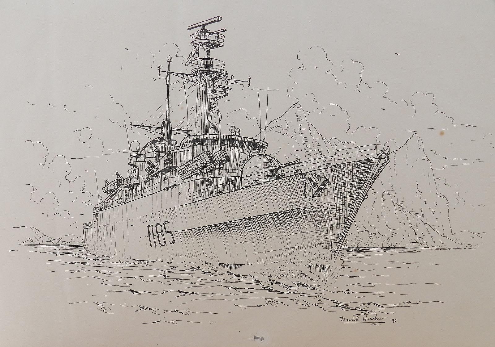 David Hacker Landscape Art - War Ship Painting Ink by David Hawker '80