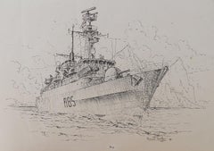 Vintage War Ship Painting Ink by David Hawker '80