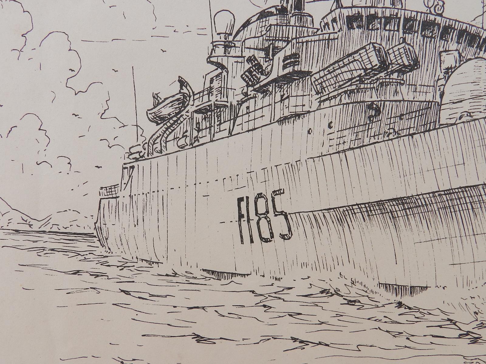 Peinture à l'encre de navire de guerre de David Hawker '80 - Gris Landscape Art par David Hacker
