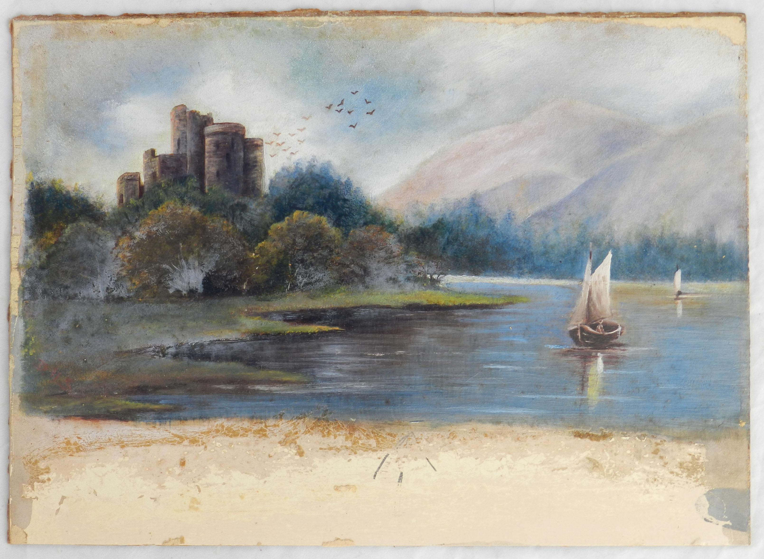 Castle Lake View Watercolour Painting early 20th Century For Sale 1
