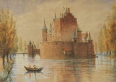 Original Watercolour Castle by Lake early 20th Century