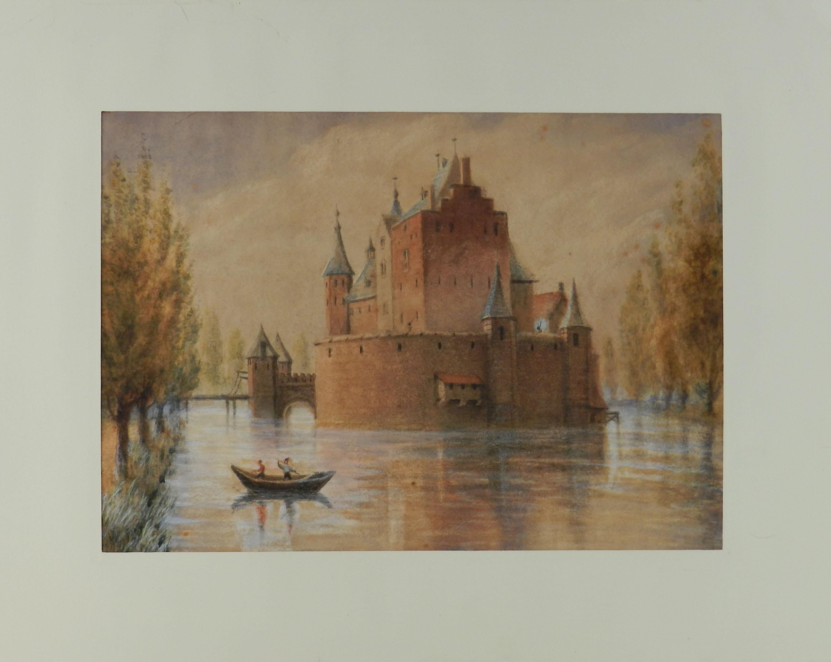Original Watercolour Castle by Lake early 20th Century For Sale 1