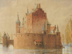Original Watercolour Castle by Lake early 20th Century