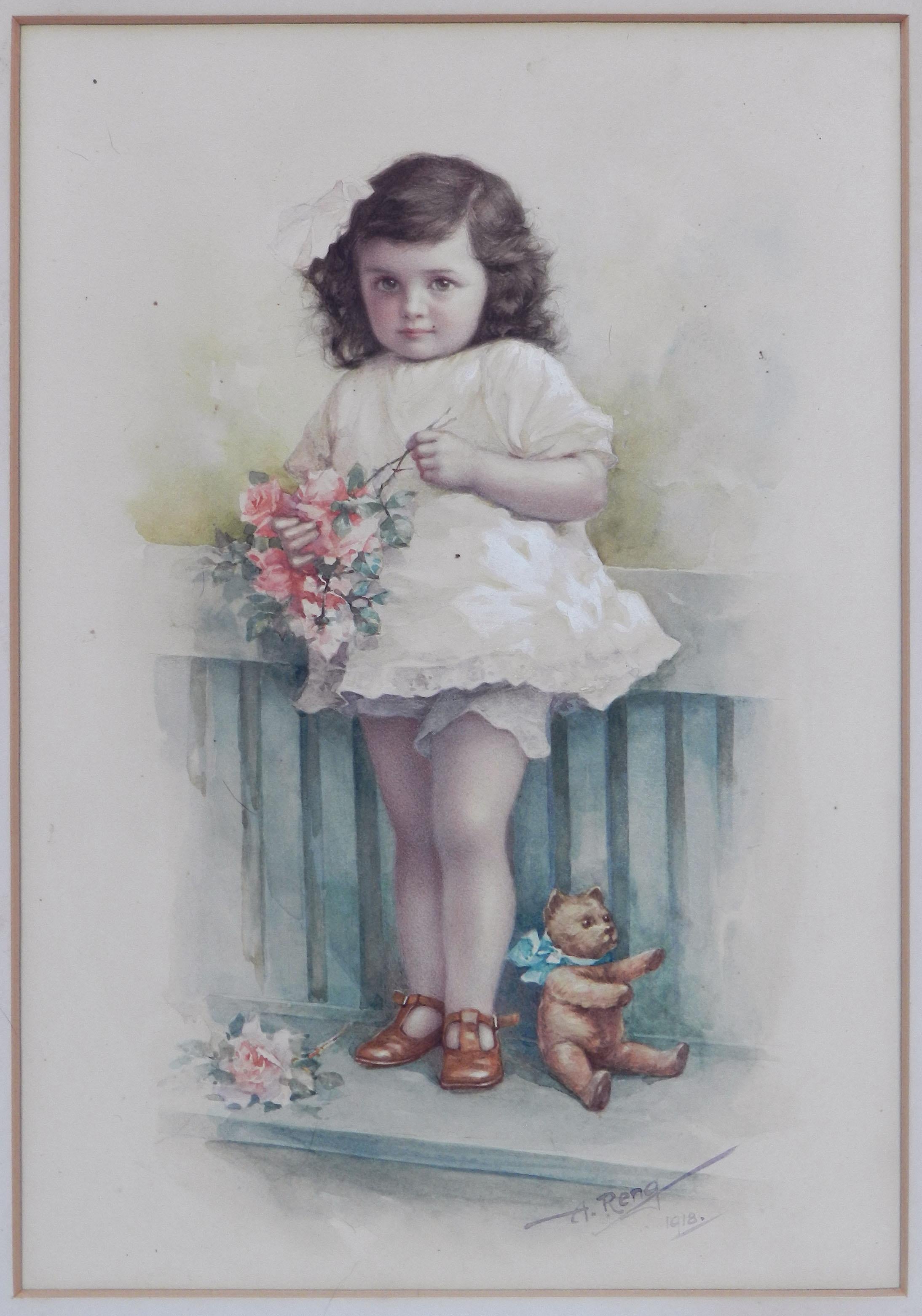 Young Child with Teddybear Watercolor by A Reng 1918 Stunning For Sale 1