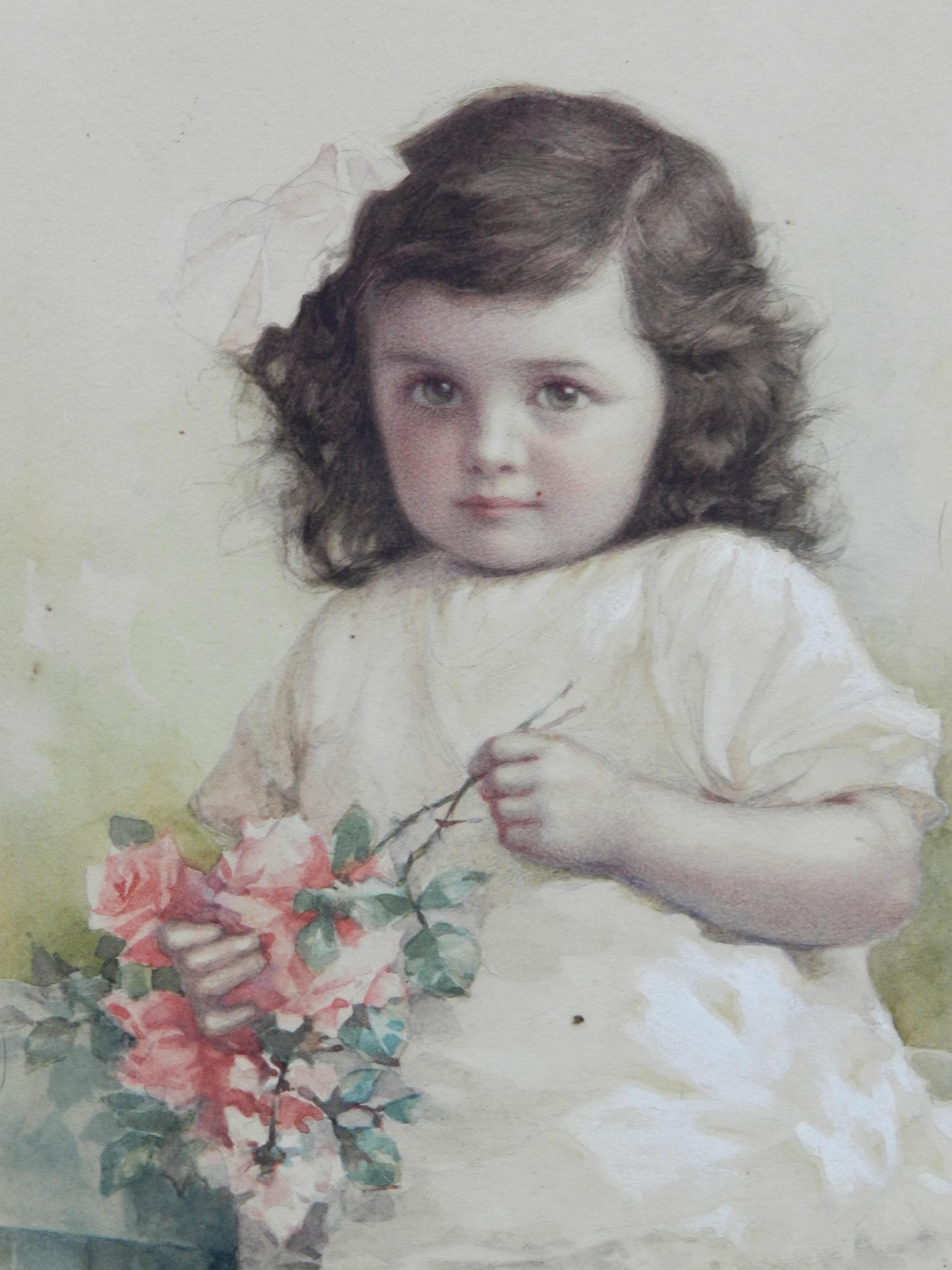 Young Child with Teddybear Watercolor by A Reng 1918 Stunning - Realist Art by Unknown