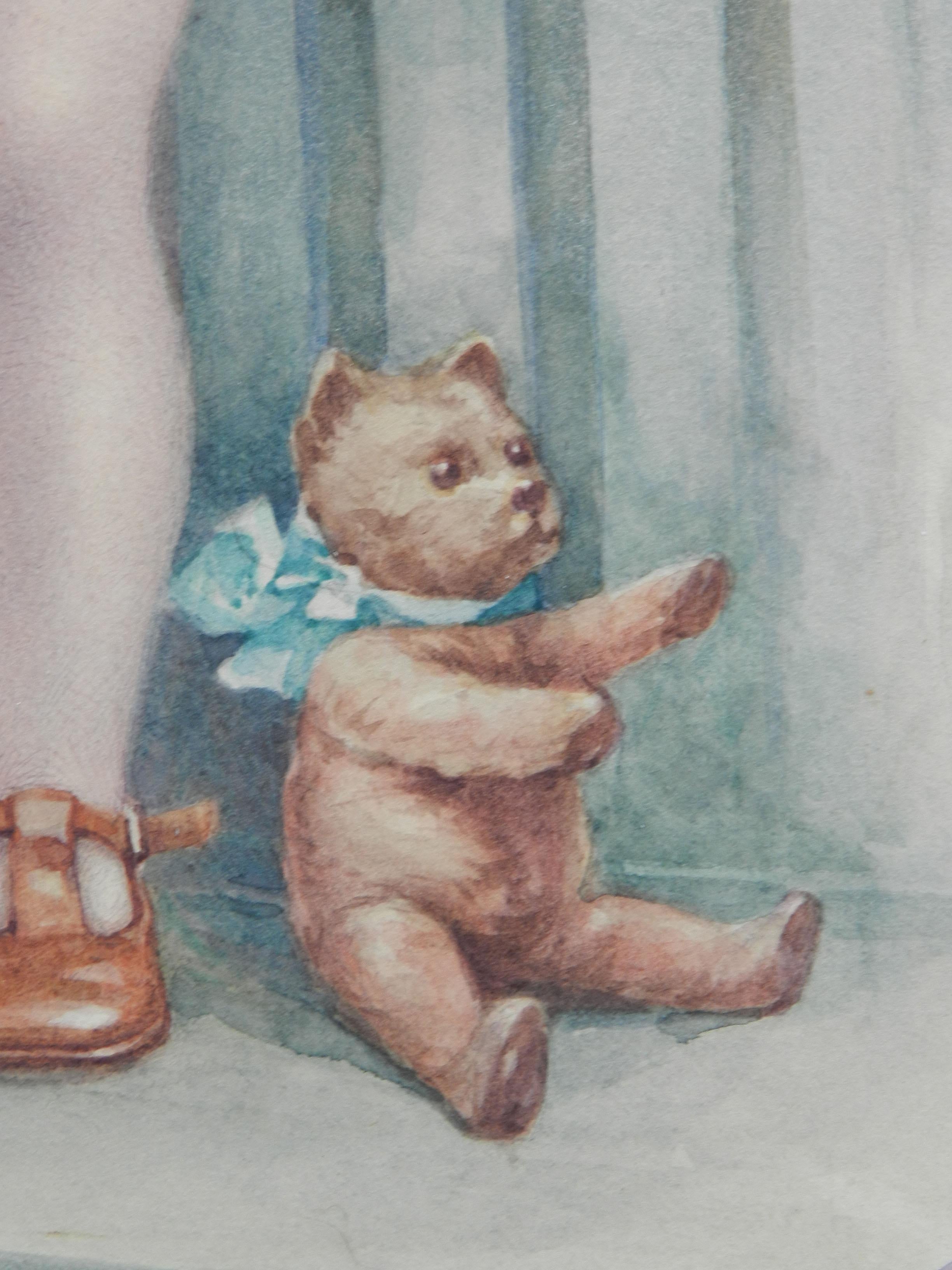 Young Child with Teddybear Watercolor by A Reng 1918 Stunning - Art by Unknown