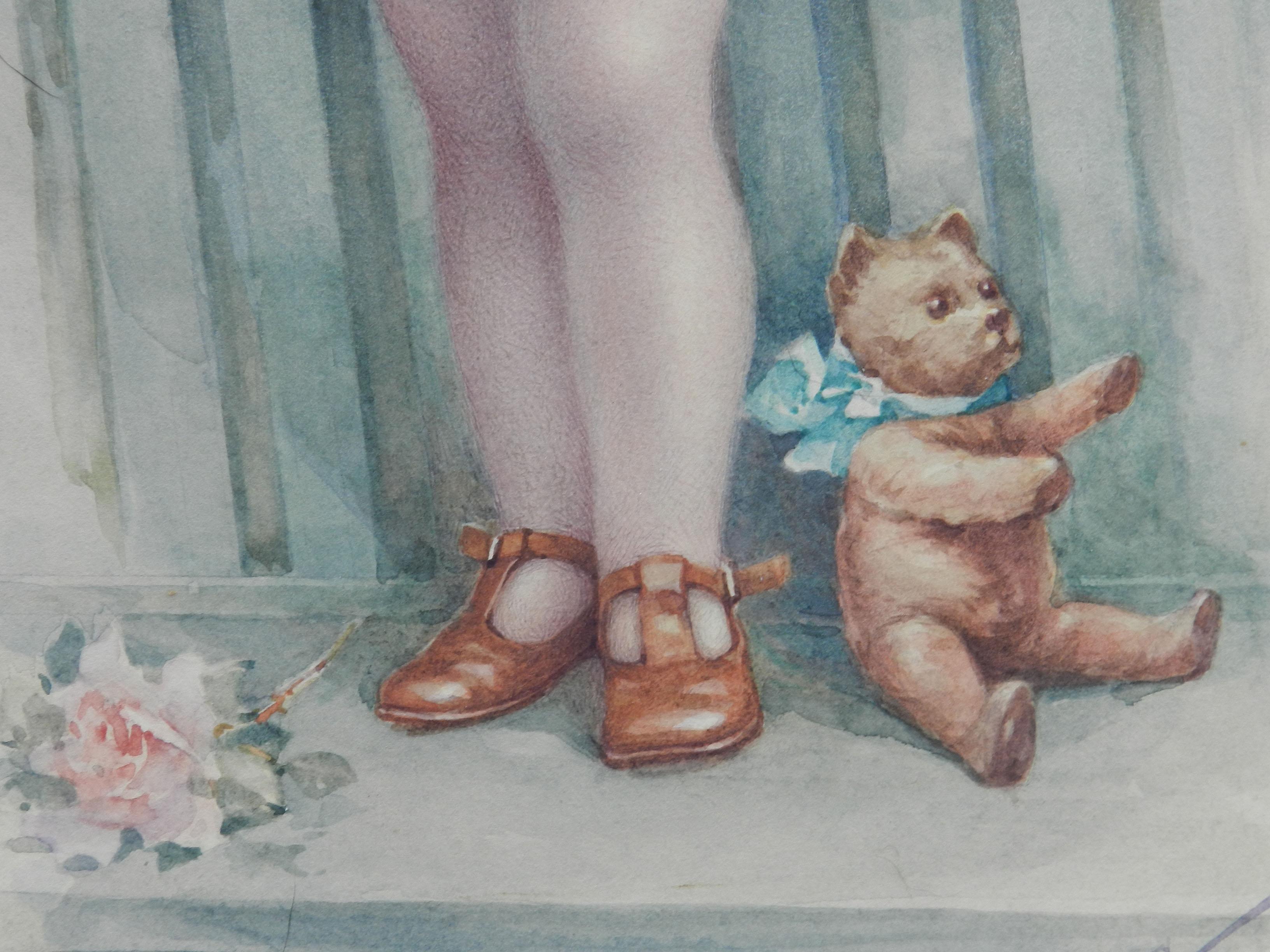 Young Child with Teddybear Watercolor by A Reng 1918 Stunning - Gray Figurative Art by Unknown