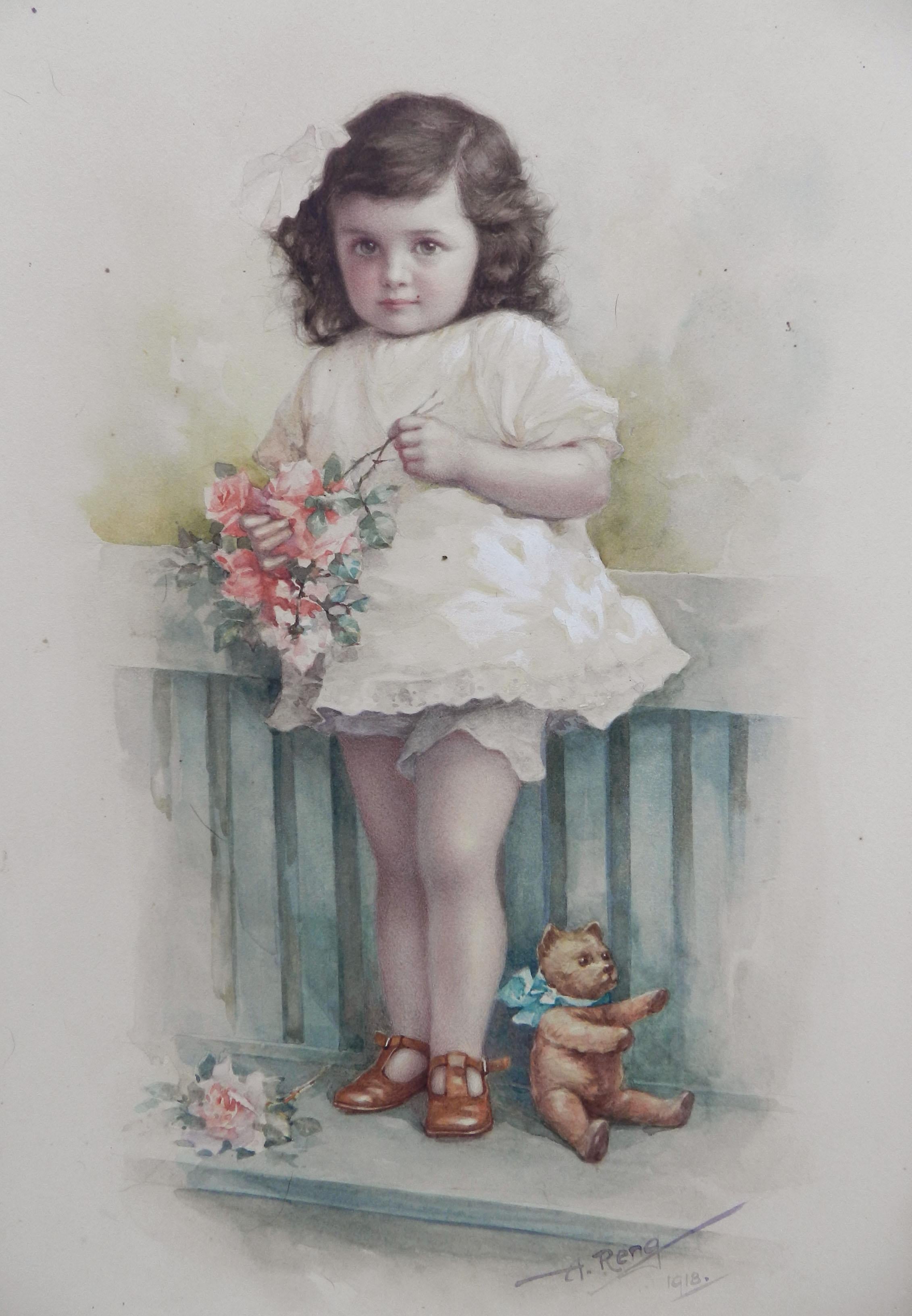 Unknown Figurative Art - Young Child with Teddybear Watercolor by A Reng 1918 Stunning