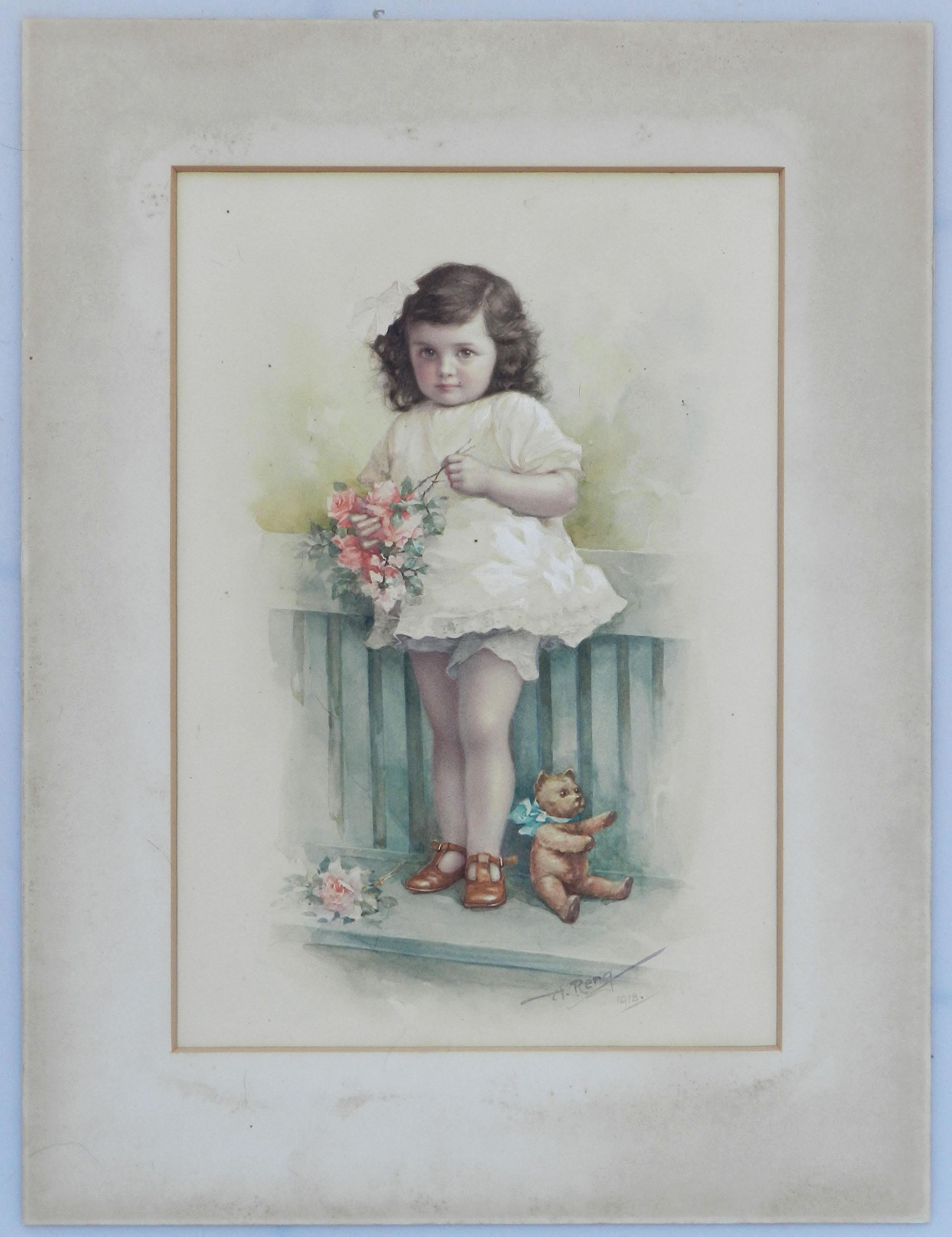 Young Child with Teddybear Watercolor by A Reng 1918 Stunning For Sale 2
