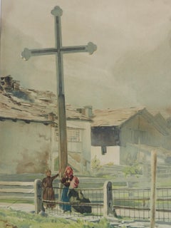 Cross Place du Village Watercolor Painting by C Koella c1897 19th Century