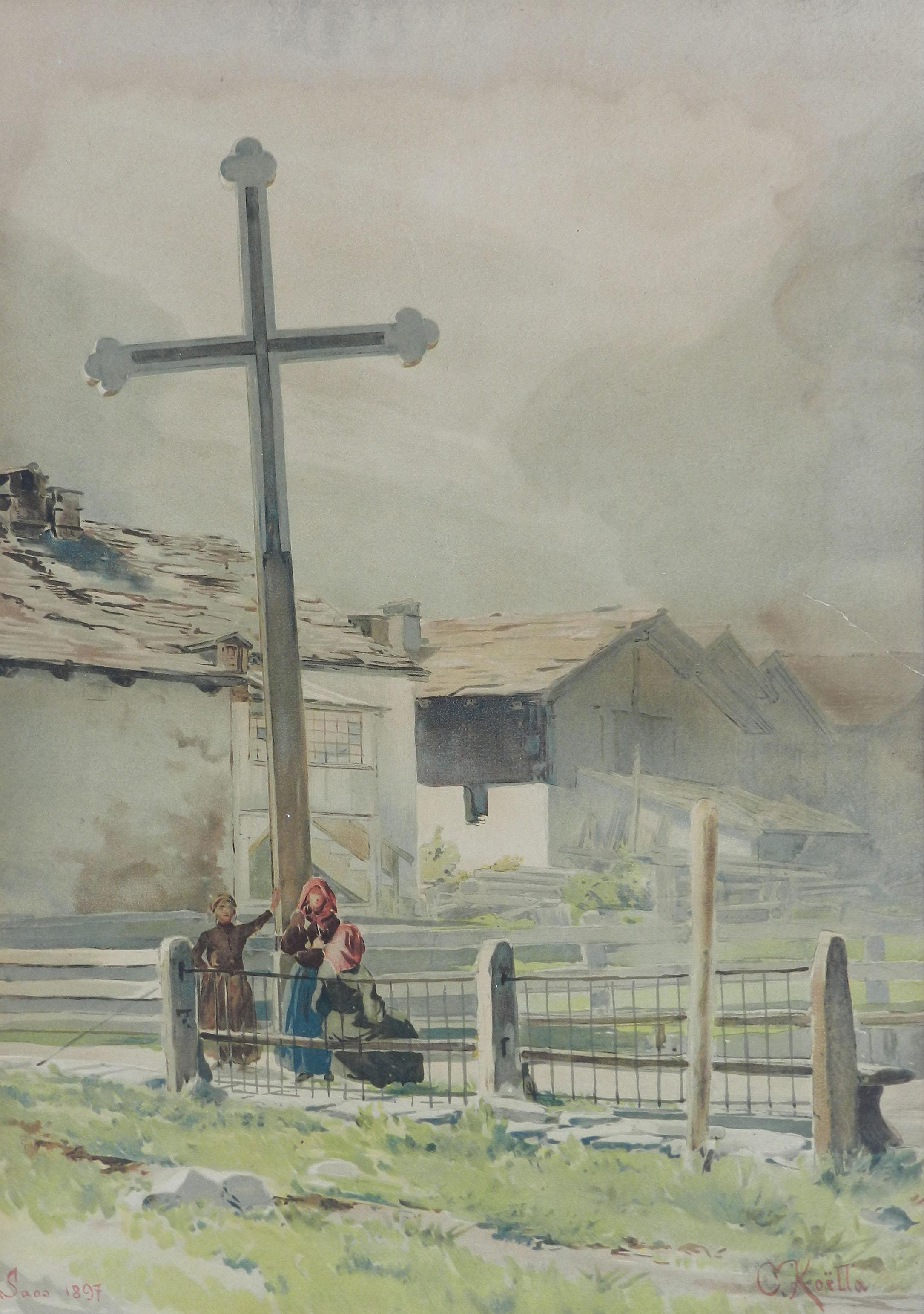 C. Koella Landscape Art - Cross Place du Village Watercolor Painting by C Koella c1897 19th Century 