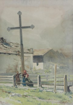 Cross Place du Village Watercolor Painting by C Koella c1897 19th Century 