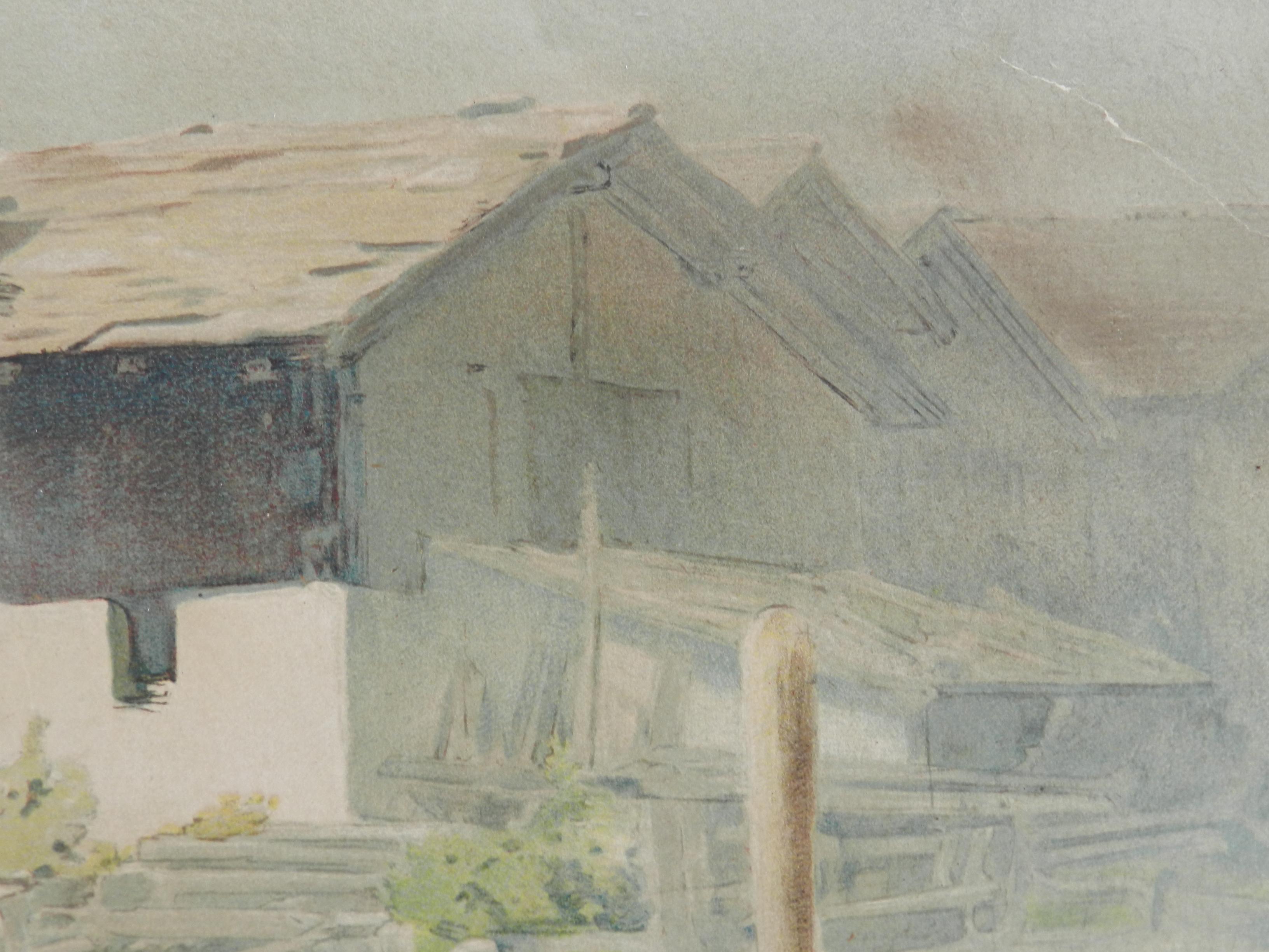 Cross Place du Village Watercolor Painting by C Koella c1897 19th Century  - Gray Landscape Art by C. Koella