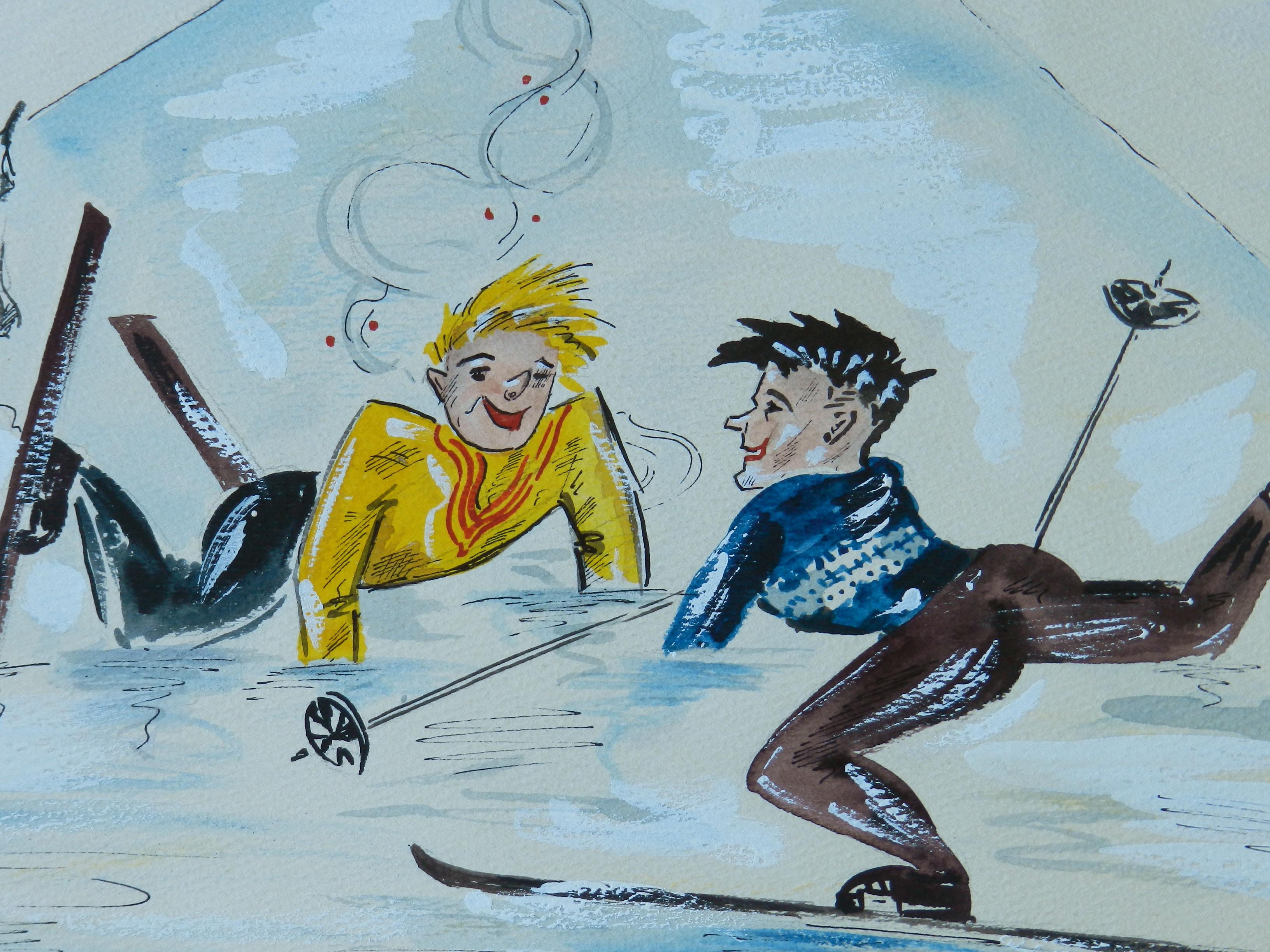 Skiers Amusing Caricature Artist Signed Watercolor Mid Century c1952
Signed by artist Robin Way
Frame included (no glass for shipping)
Good vintage condition

