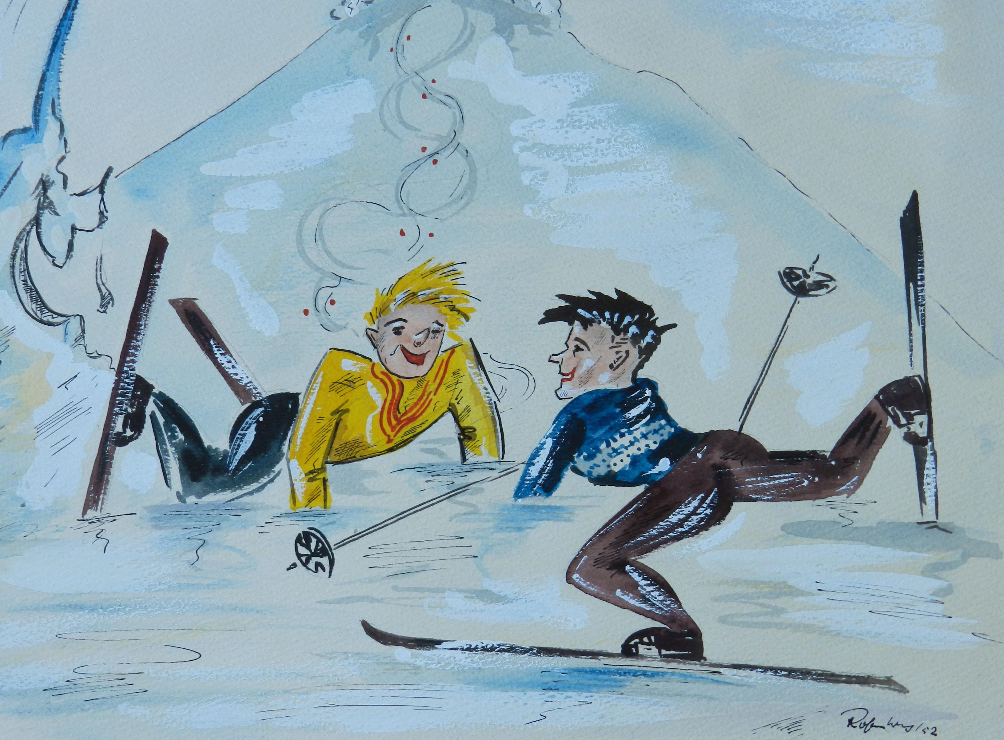 Skiers Amusing Caricature Artist Signed Watercolor Mid Century c1952 For Sale 2