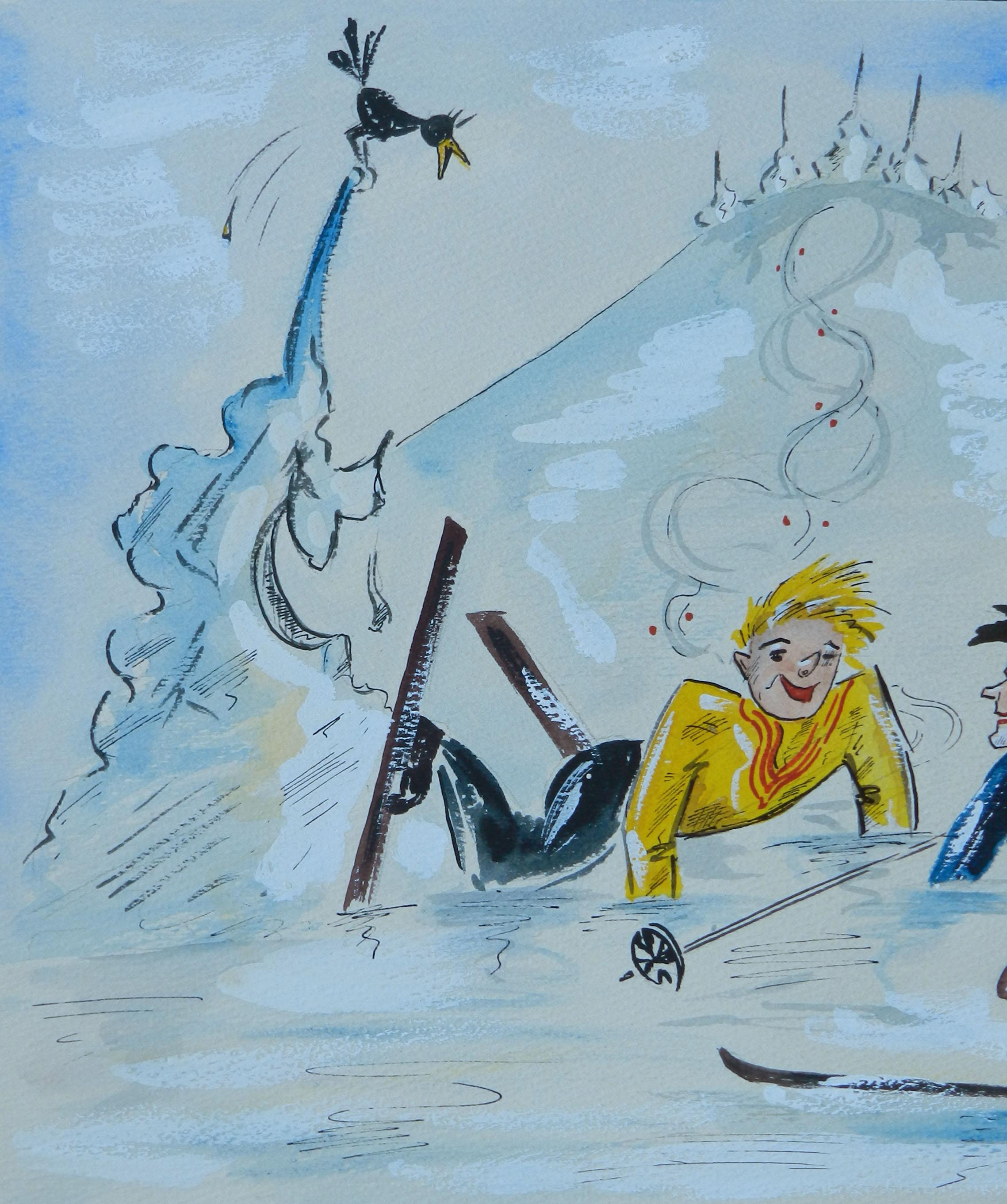 Skiers Amusing Caricature Artist Signed Watercolor Mid Century c1952 For Sale 3