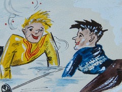 Skiers Amusing Caricature Artist Signed Watercolor Mid Century c1952