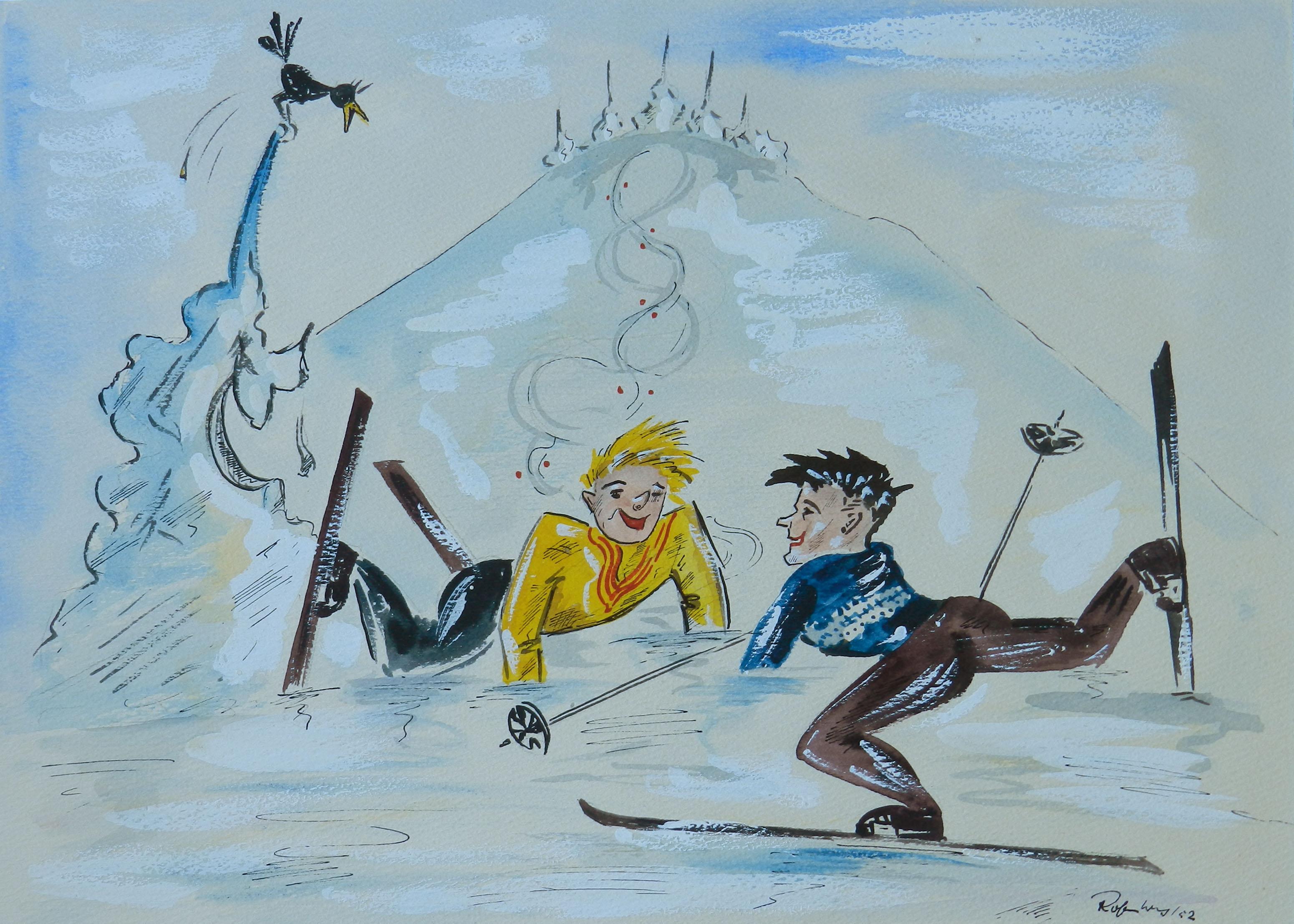 Unknown Figurative Art - Skiers Amusing Caricature Artist Signed Watercolor Mid Century c1952
