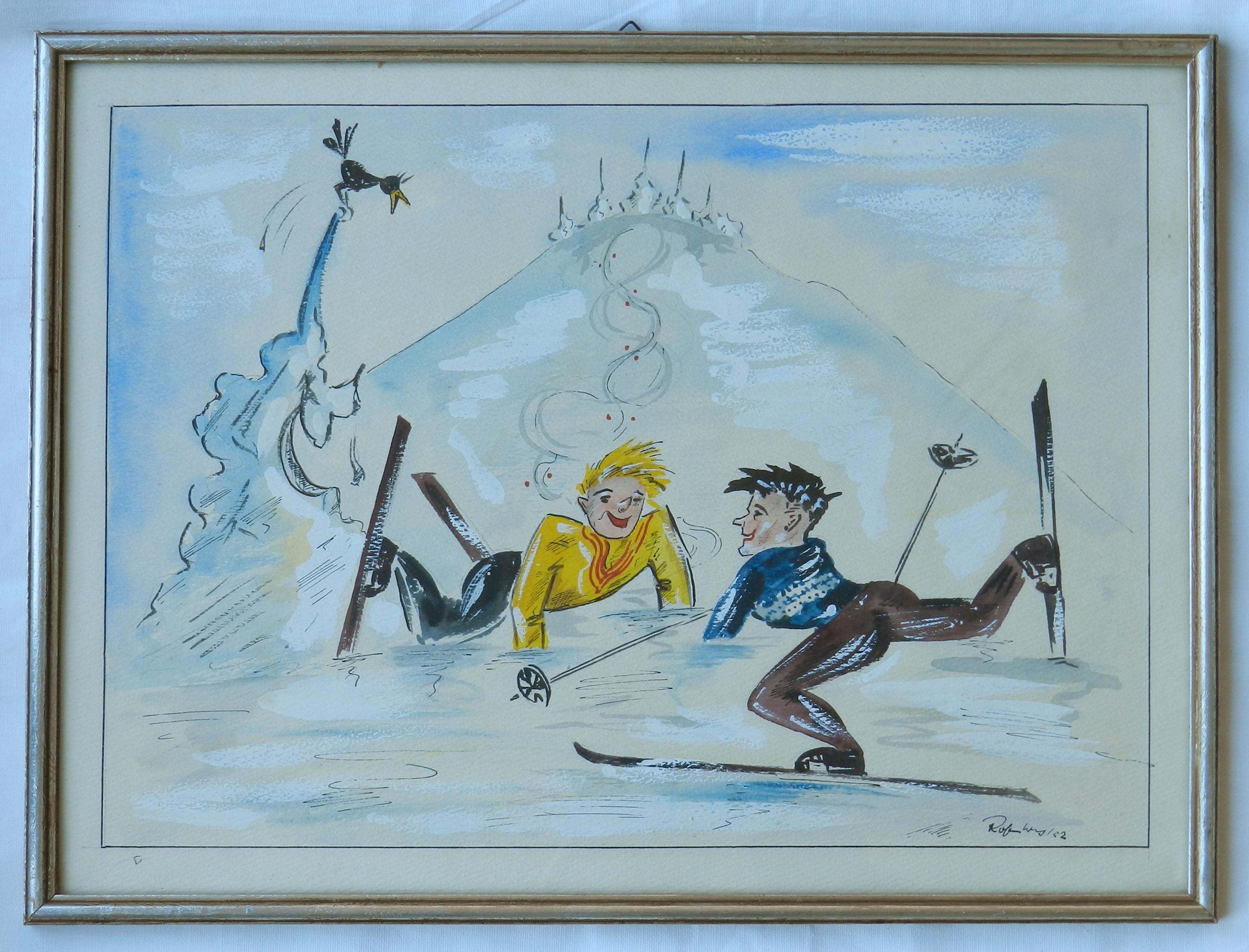 Skiers Amusing Caricature Artist Signed Watercolor Mid Century c1952 For Sale 5