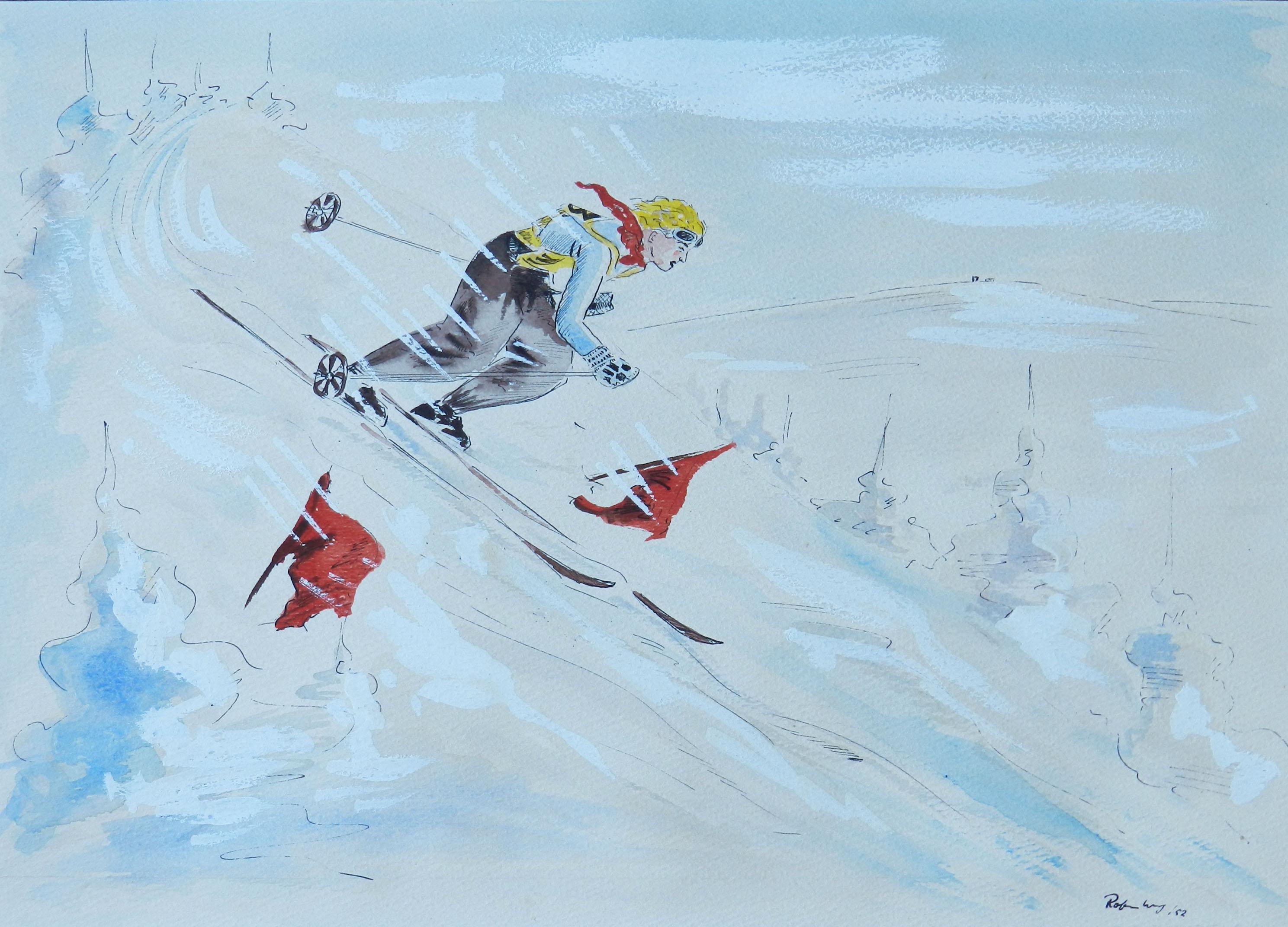 Skieur Aquarelle originale signée par l'artiste Milieu du siècle c1952 - Art de Unknown