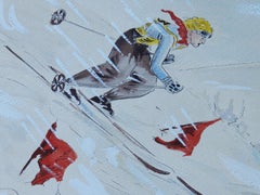 Skier Original Artist Signed Watercolor Mid Century c1952