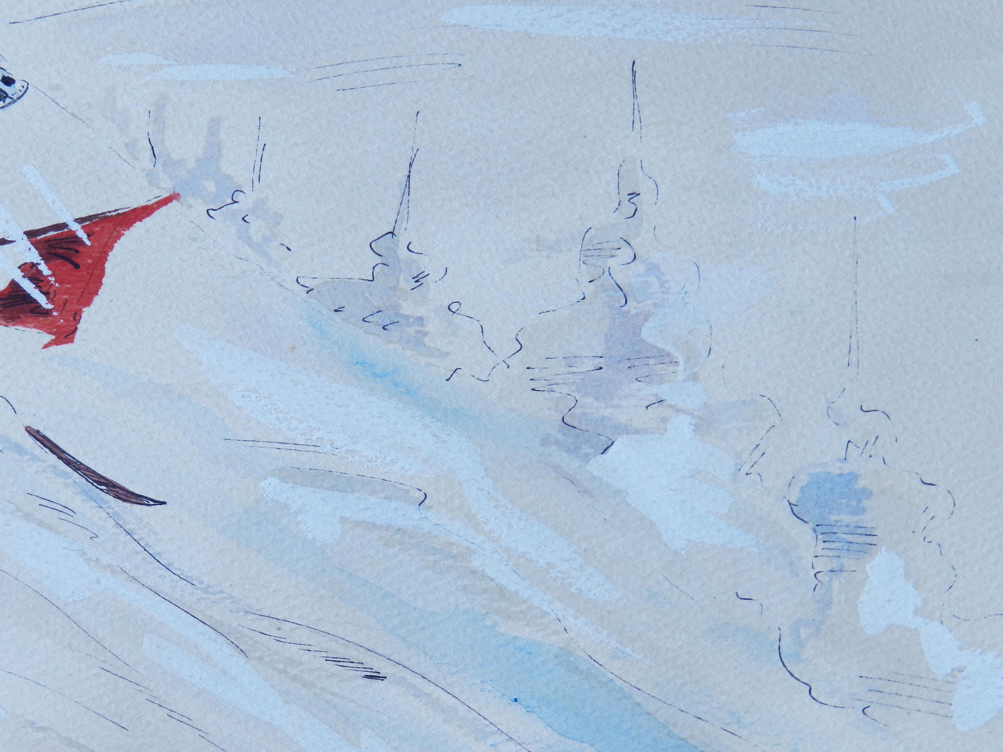 Skier Original Artist Signed Watercolor Mid Century c1952 For Sale 3