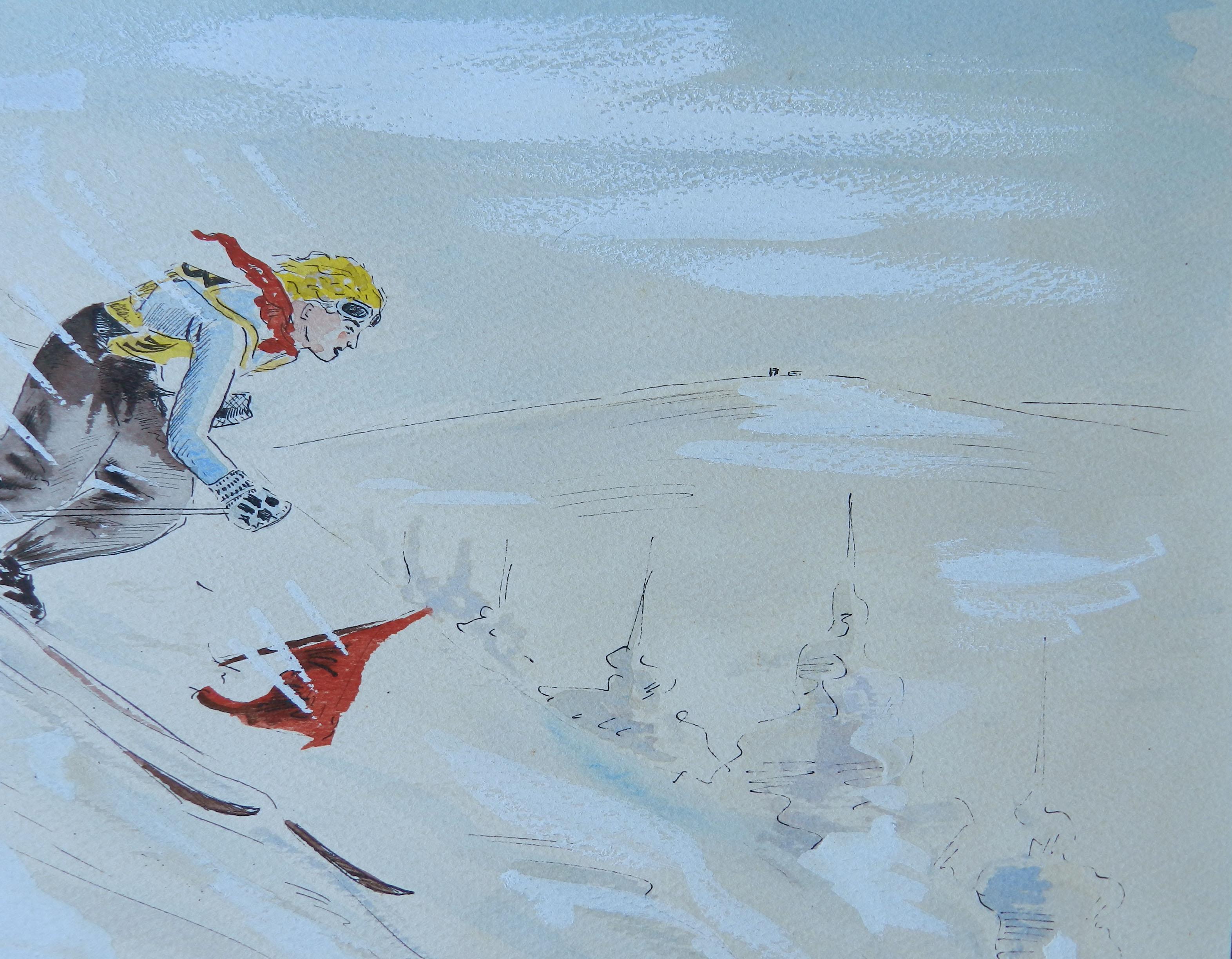Skier Original Artist Signed Watercolor Mid Century c1952 For Sale 2