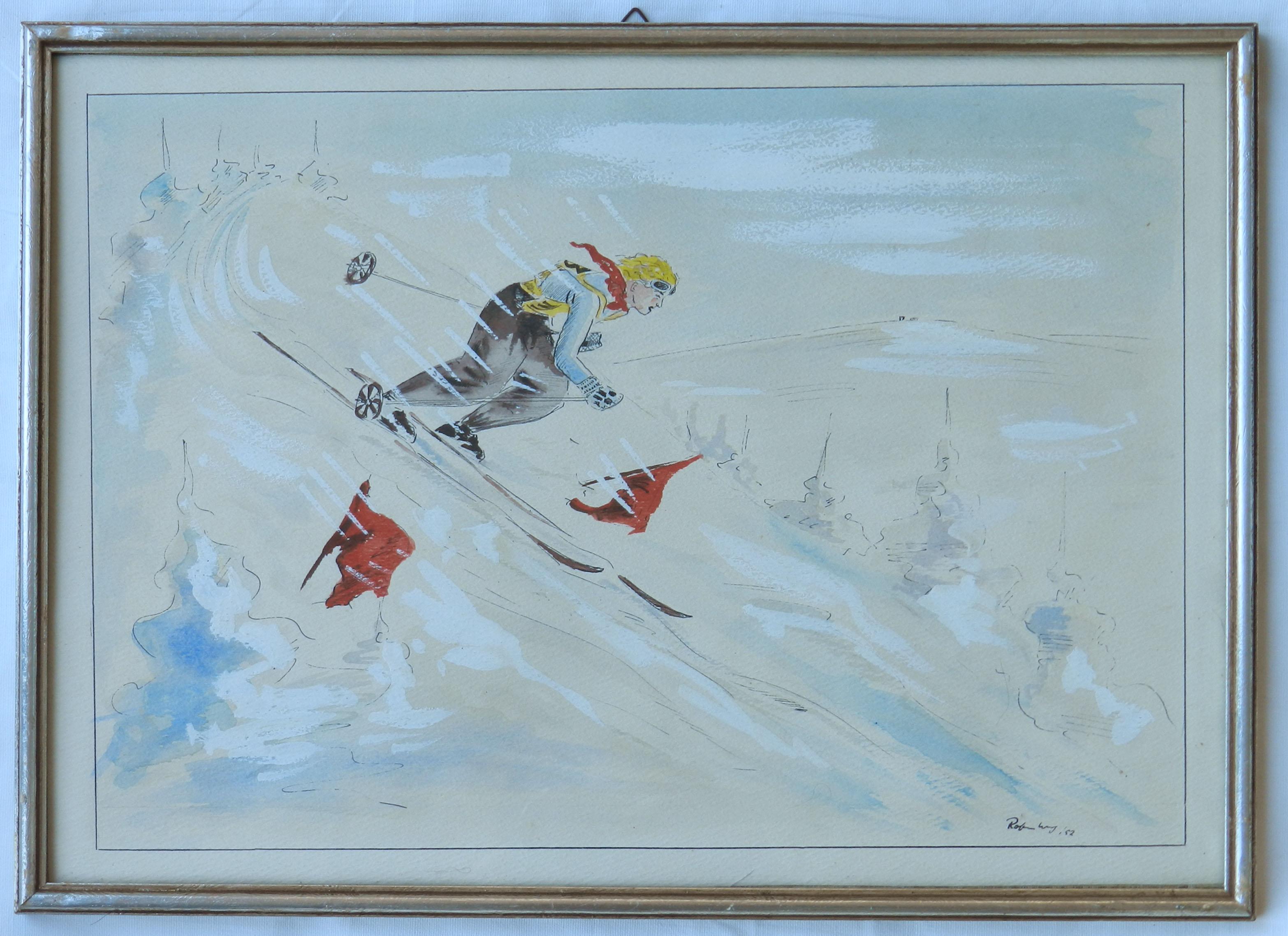 Skier Original Artist Signed Watercolor Mid Century c1952 For Sale 5